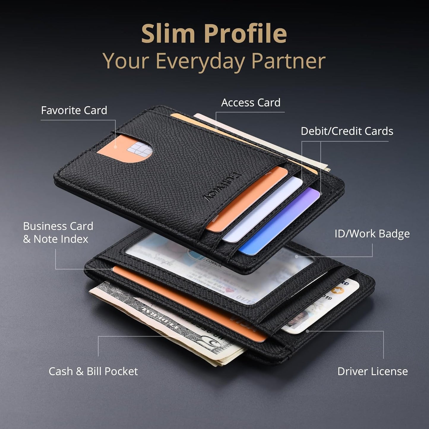 Buffway Slim Minimalist Front Pocket RFID Blocking Leather Wallets for Men and Women - Galaxy Black