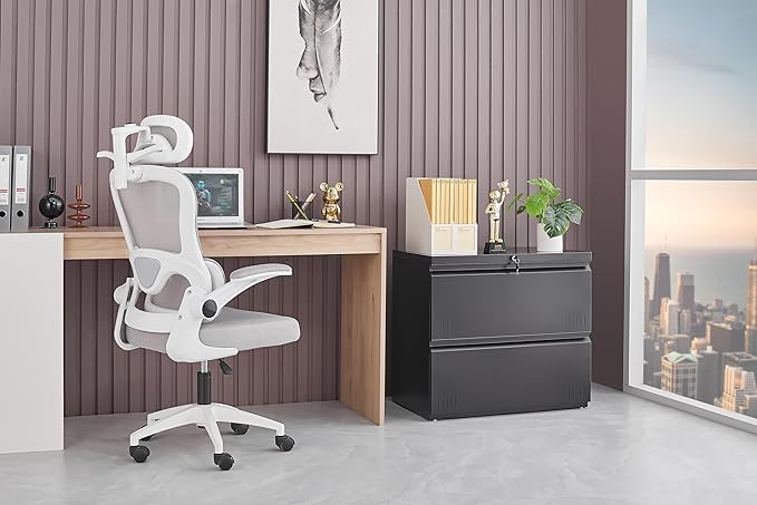 Metal File Cabinet with Lock, 2 Drawer Lateral File Cabinets for Home Office, Printer Stand, Heavy Duty Office Storage Cabinet for A4/Letter/Legal Size, Assembly Required(Black)