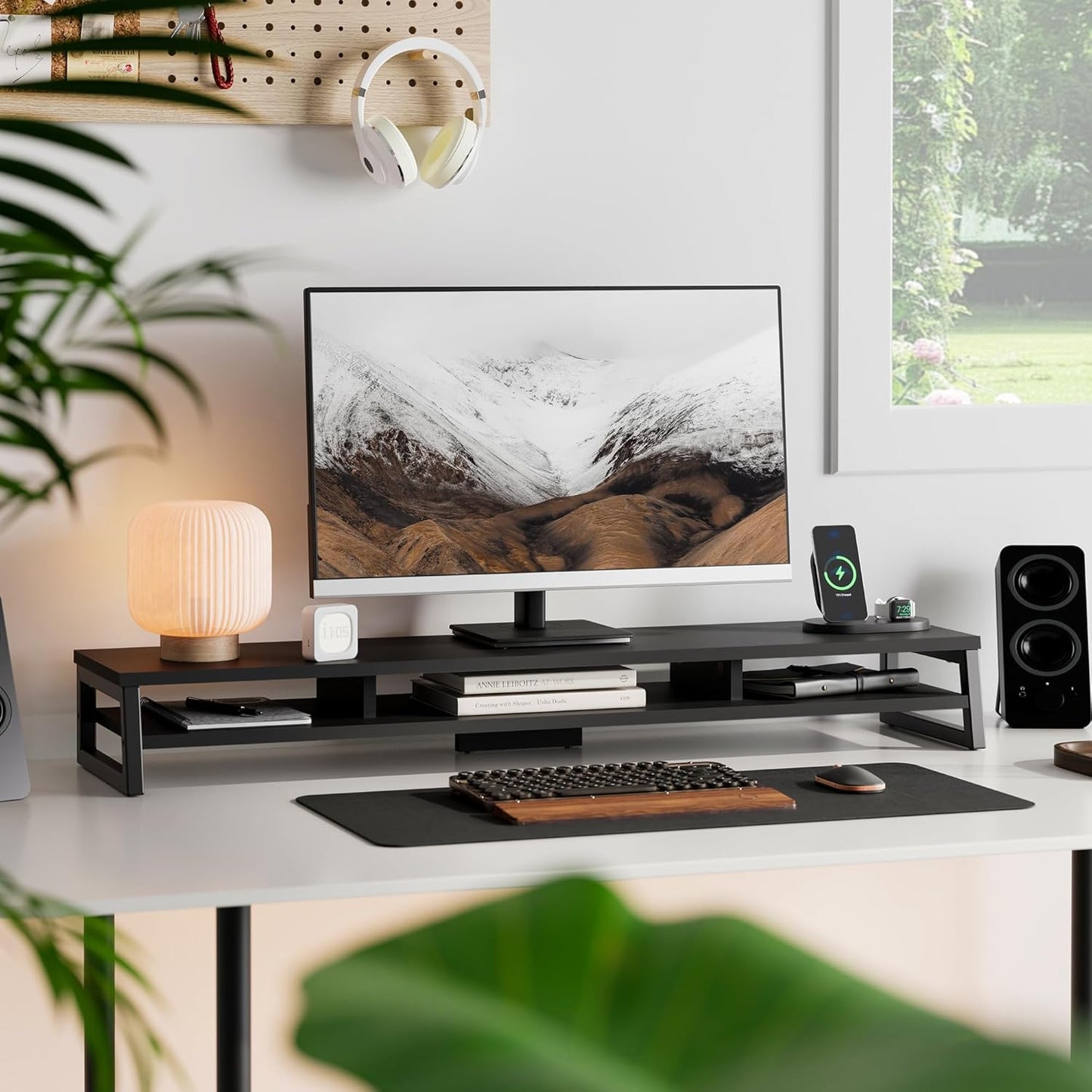 Fenge Dual Monitor Stand for Desk, 42.5in Large Monitor Riser for 2 Monitors, 2 Tier Computer Office Desk Top Shelf, Desktop Storage Stand for Laptop, PC, Computer, Printer