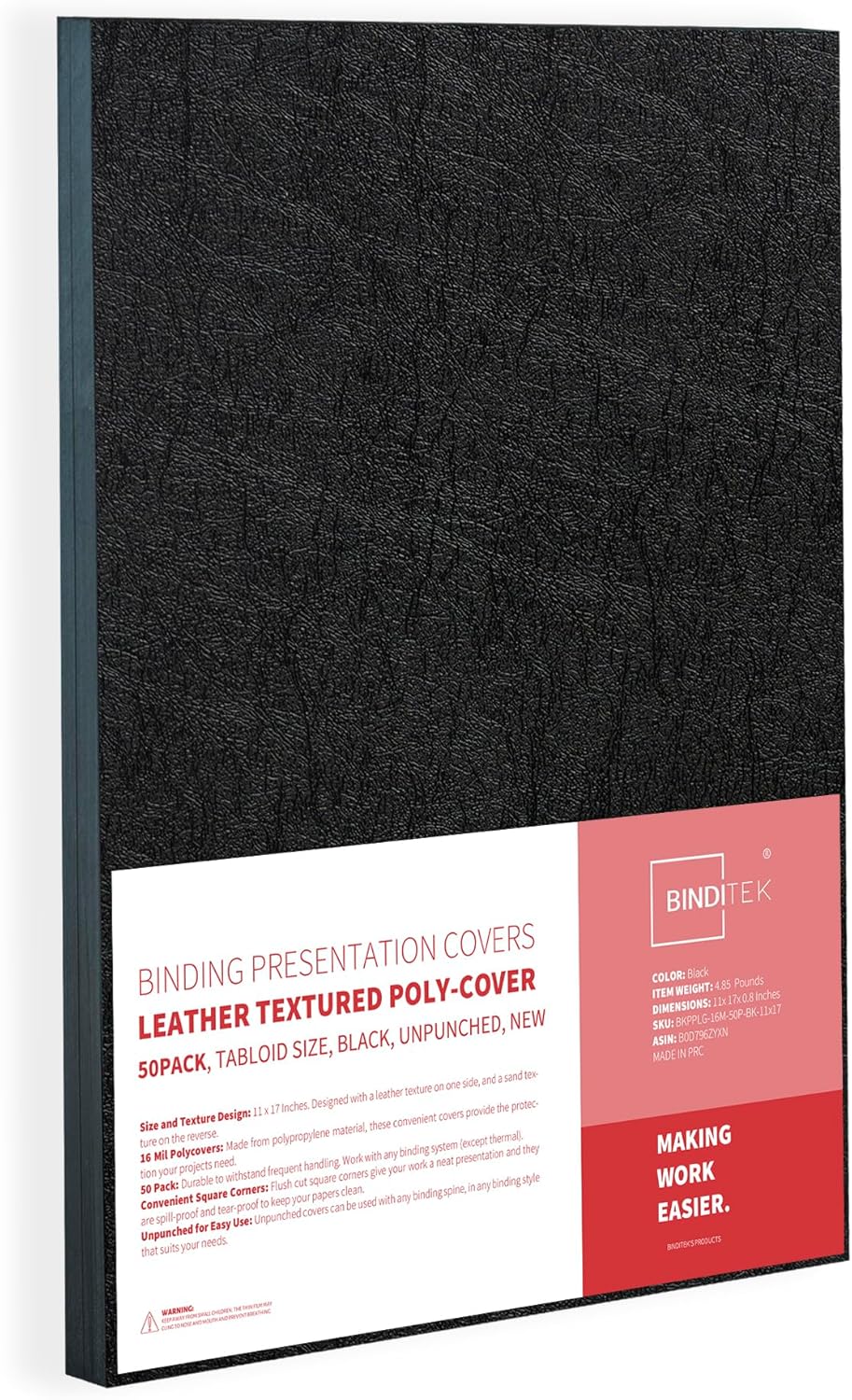 Binditek 50 Pack 16 Mil Leather-Textured Heavyduty Polycovers, 11 x 17 Inches, Tabloid Size, Binding Presentation Covers for Business Reports and Proposals, Black, Office Supplies