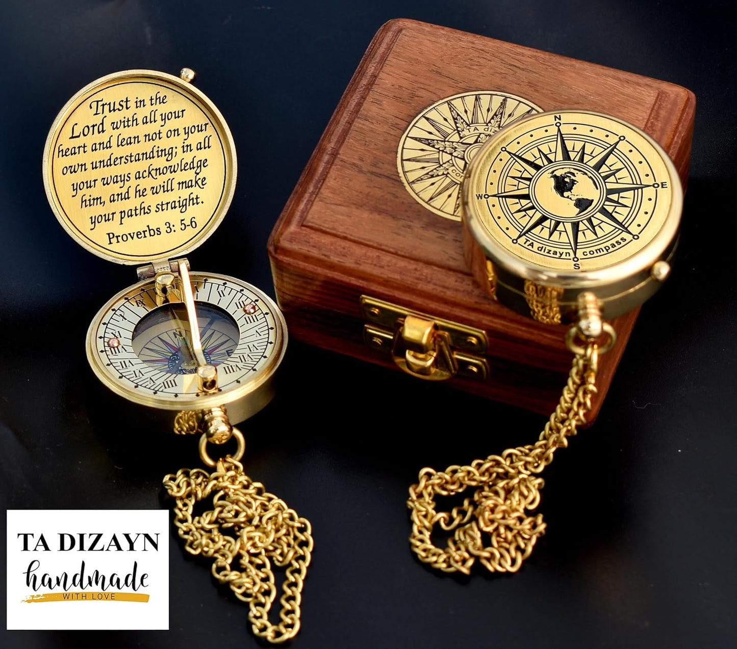 Trust in The Lord With All Your Heart - Proverbs 3:5-6 Quote Engraved Compass With Wooden Box, Greeting Card, Gift Compass, Graduation Day Gifts 2024 for Women Men Boys Girls