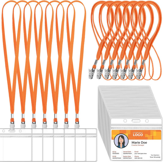 Marspark 100 Sets Clear Name Tags with Lanyard, Lanyards for ID Badges Reusable Strap with ID Holder Plastic Name Badges for Adults Business School Church Conference (Orange)