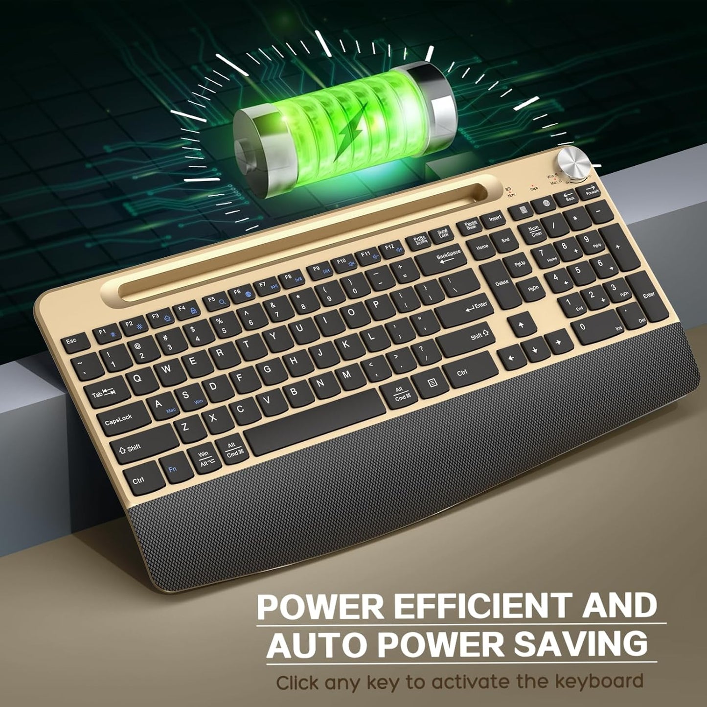 Ergonomic Wireless Keyboard and Mouse with Wrist Rest，Phone Holder - 2.4GHz Full-Sized Low-Profile Quiet Gold Wireless Mouse and Keyboard Combo for Computer, Laptop, PC, Mac-Gold