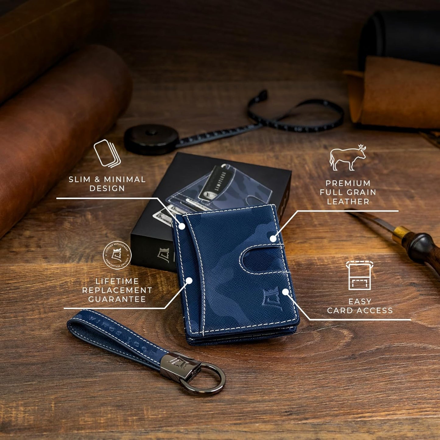 Kings Loot Money Clip Slim Minimalist Wallet for Men – RFID Blocking Leather Design with Money Clip – Front Pocket Bifold Holds 12 Cards – Stylish & Compact Wallets (Camo Blue)