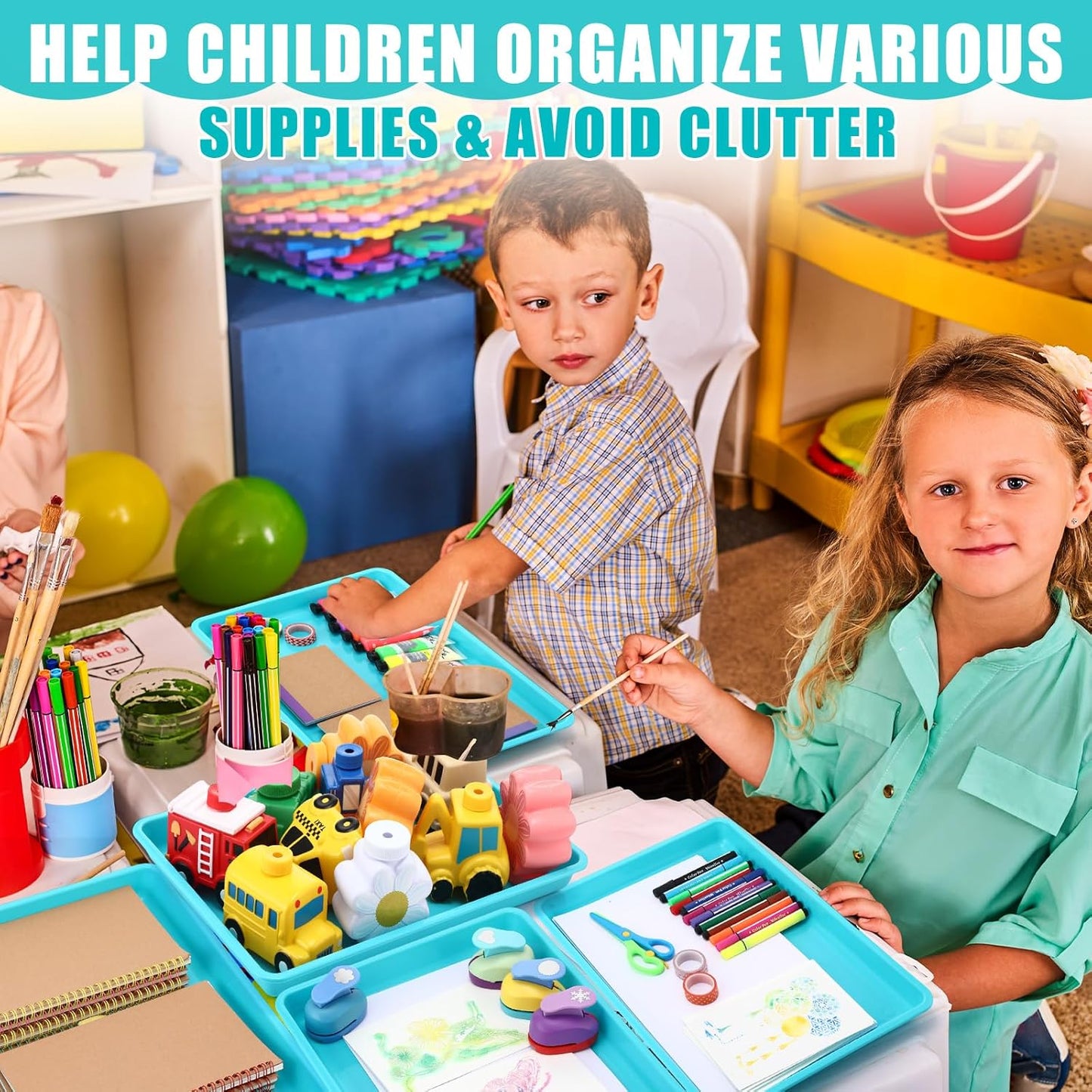 Maitys 15 Pcs Flat Plastic Trays 16.1 x 11.8'' Sensory Storage Tray Paper Stackable Classroom Bins for Office Home Organizer Arts and Crafts Supplies(Mint Green)