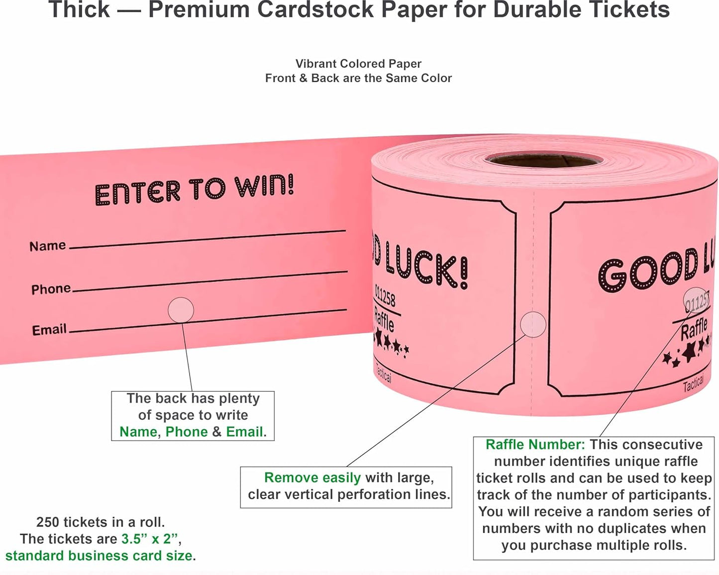 Tacticai 250 Raffle Tickets, Pink (1 of 8 Colors), Raffle Cards, Entry Form with Name, Phone & Email for Events, Fundraiser & Prizes