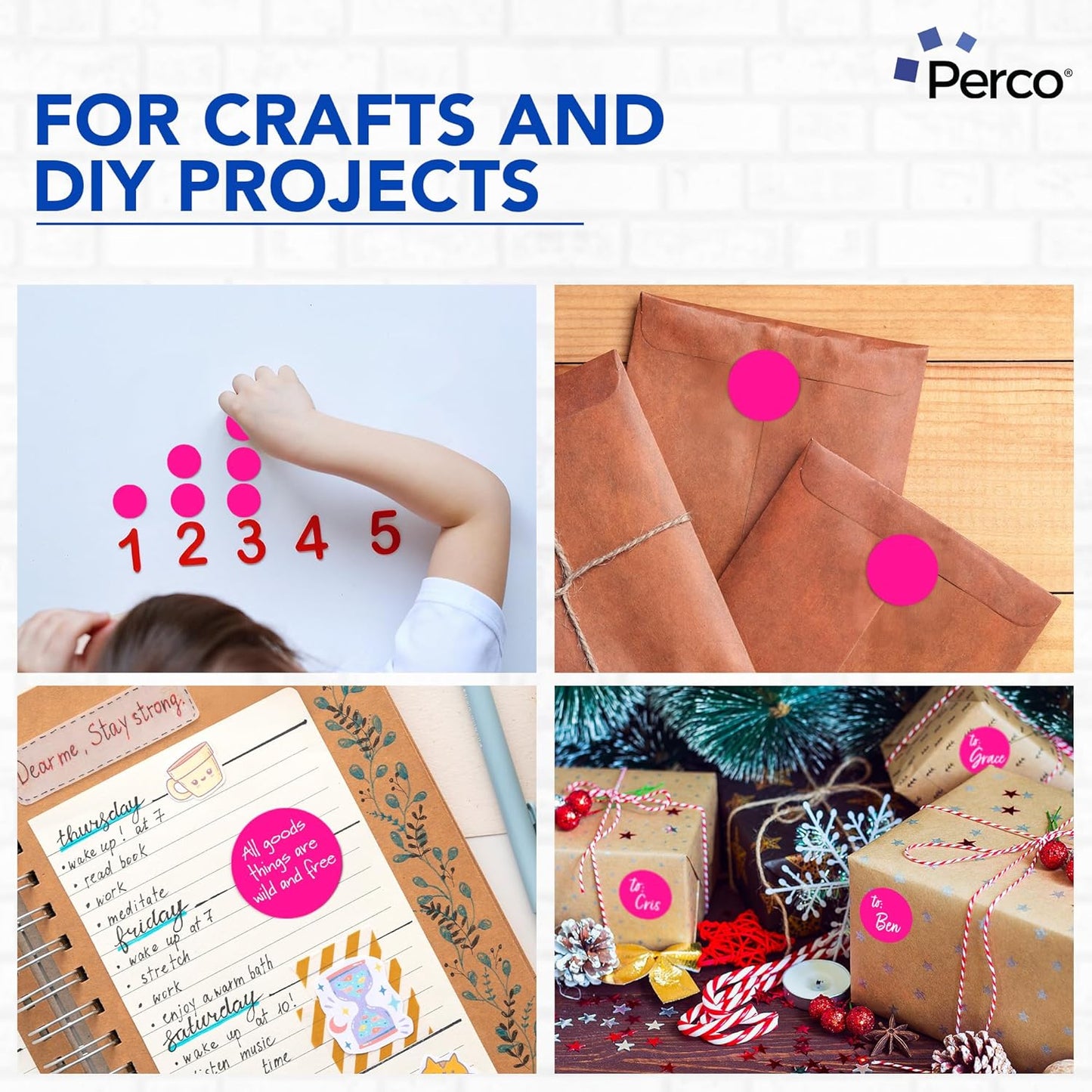 Perco Fluorescent Pink 2-Inch Round Circle Dot Sticker Labels - Multi-Roll Pack (3 Rolls, 500 Labels Each) - Permanent Adhesive, Vibrant Colors, Strong Hold - Perforated for Easy Use - Made in USA