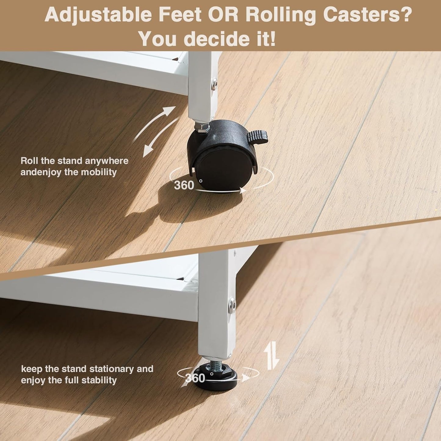 Lauren&Harold 34'' Printer Stand with Power Outlets & USB Ports, 3-Tier Adjustable Rolling Cart, Heavy Duty 150LBS Storage Table with Wheels for Office, Kitchen, Living Room, White