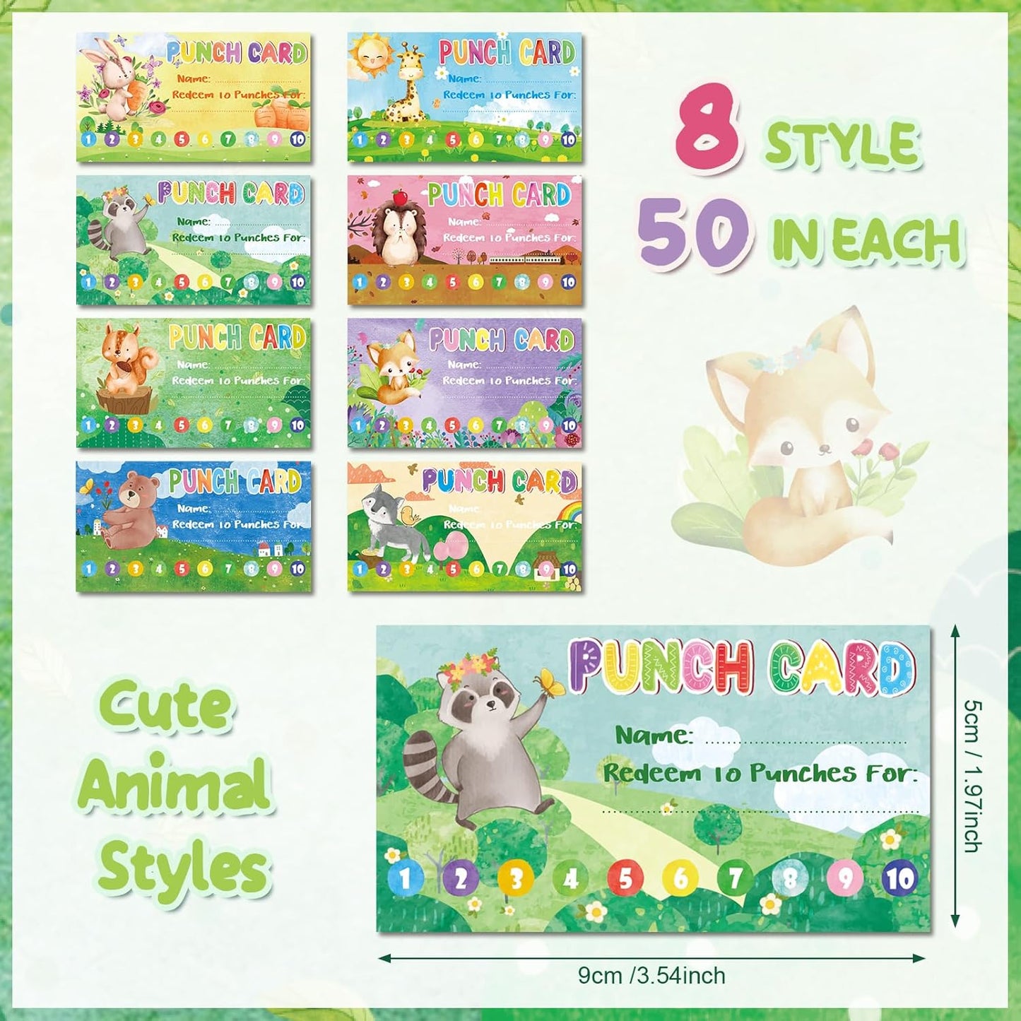 Fumete 400 Pcs Punch Cards for Classroom Reward Cards Behavior Incentive Loyalty Awards for Kids Students Teachers School Business, 8 Styles, 3.5 x 2 in(10 Cute Animal Punches Style)