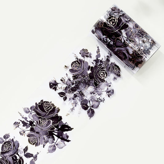 WT Rose Noir Wide PET Tape Gilded,Single Roll,Original Designs,Black Floral Decors,Transparent Clear Adhesive Tape,Gold Foil,Scrapbooks Junk Bujo Journals Planners DIY Crafts Supplies Gifts