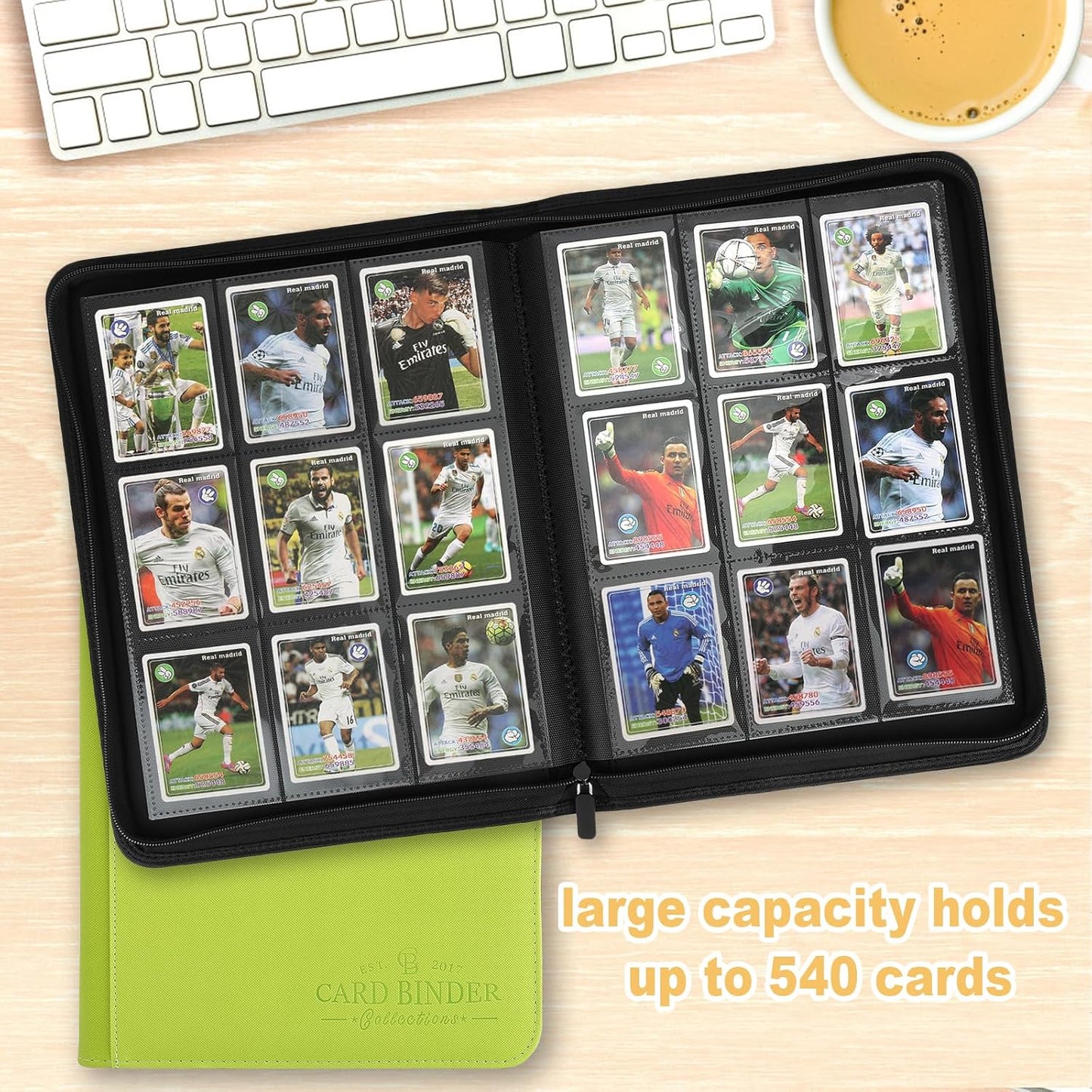 9 Pockets Card Binder,Premium Zip Trading Card Binder,540 Double Sided Pocket PU Collection Binder, Collector Album, Card Folder for MTG, TCG, Business Cards.(Grass Green)