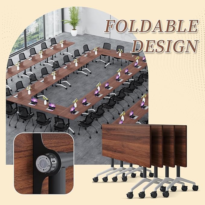 Folding Conference Room Table, Modern Conference Tables with Wheels, Large Rectangular Mobile Training Tables for Office Classroom, Foldable Modular Boardroom Seminar Table (8pack L47.2in)