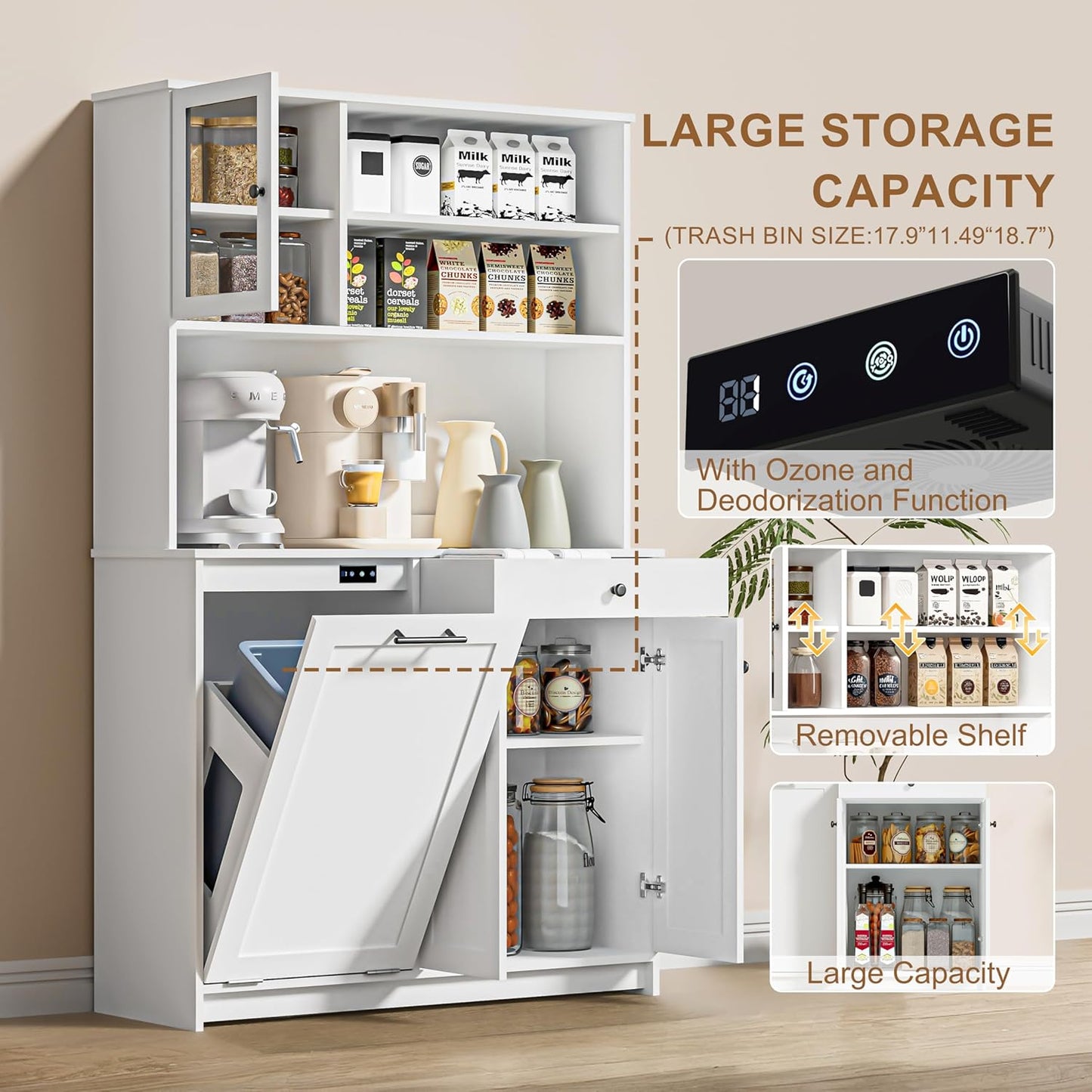 OLD CAPTAIN Tilt Out Trash Cabinet with Deodorising Function, Kitchen Hutch with Microwave Shelf and Drawer, Kitchen Pantry with Trash Cabinet for 10 Gallons, White