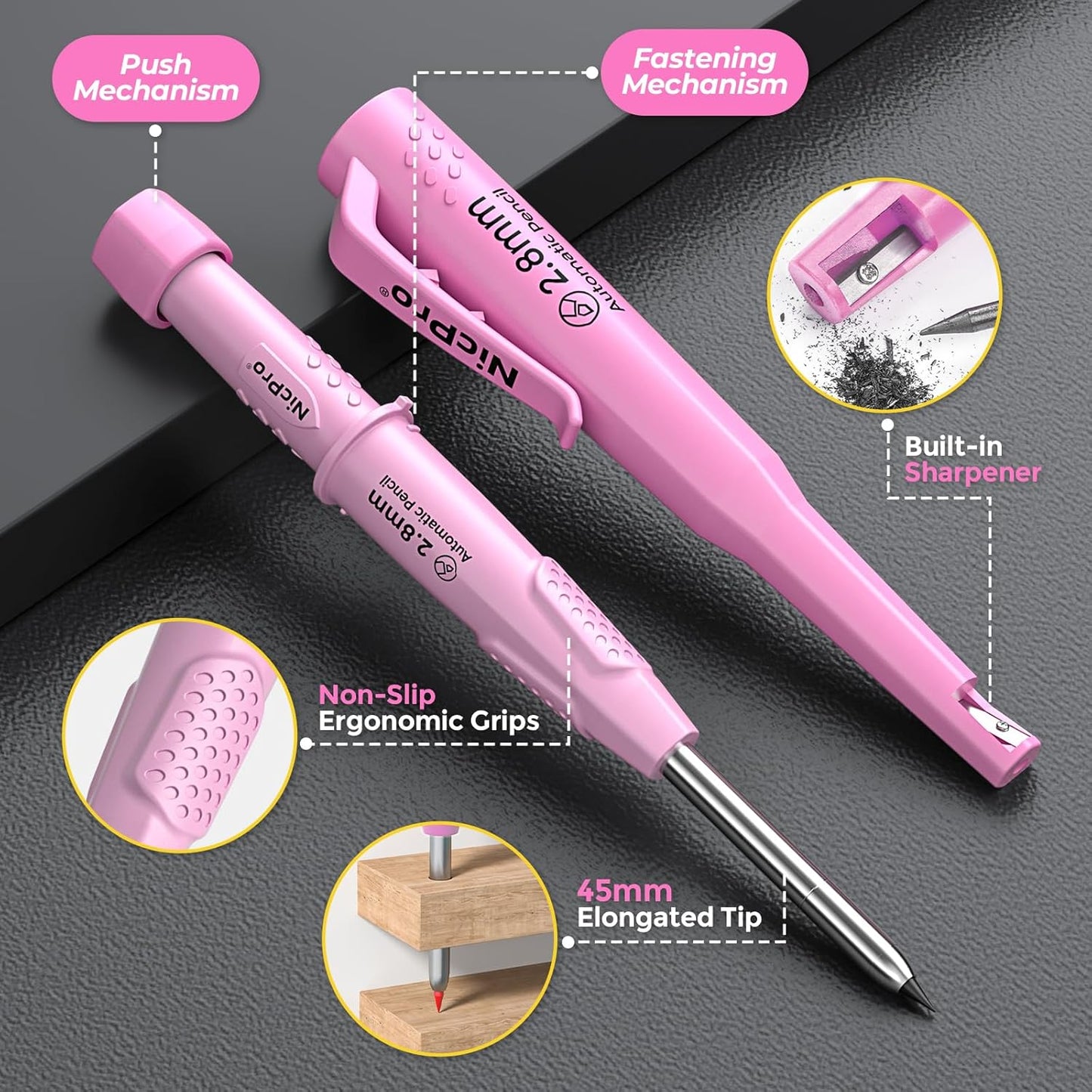 Nicpro CP3000 Carpenter Pencil with Sharpener, Construction Mechanical Pencils with 19 Refills, Heavy Duty Construction Pencil, Pink Woodworking Tools For Women, Great for Marking On Wood, Metal