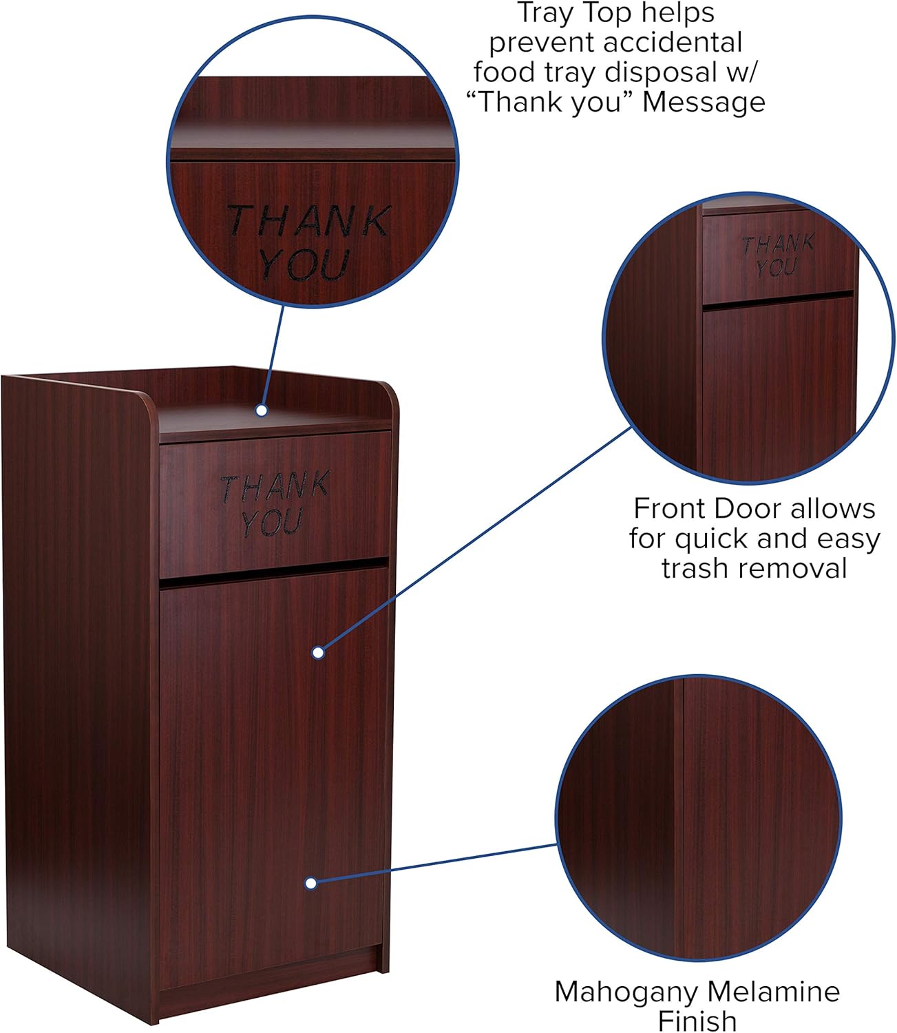 Flash Furniture Sony Laminate Wood Commercial-Grade Trash Receptacle with Tray Top, Wooden Restaurant Trash Can Garbage Receptacle, Mahogany