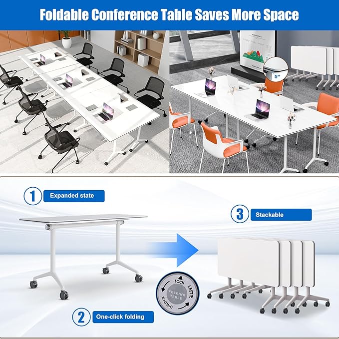 Conference Table, Folding Conference Desk Modern White, Seminar Table with Wheels, 2-10 People for Office, Meeting Break Room (6, 1915, 47IN)