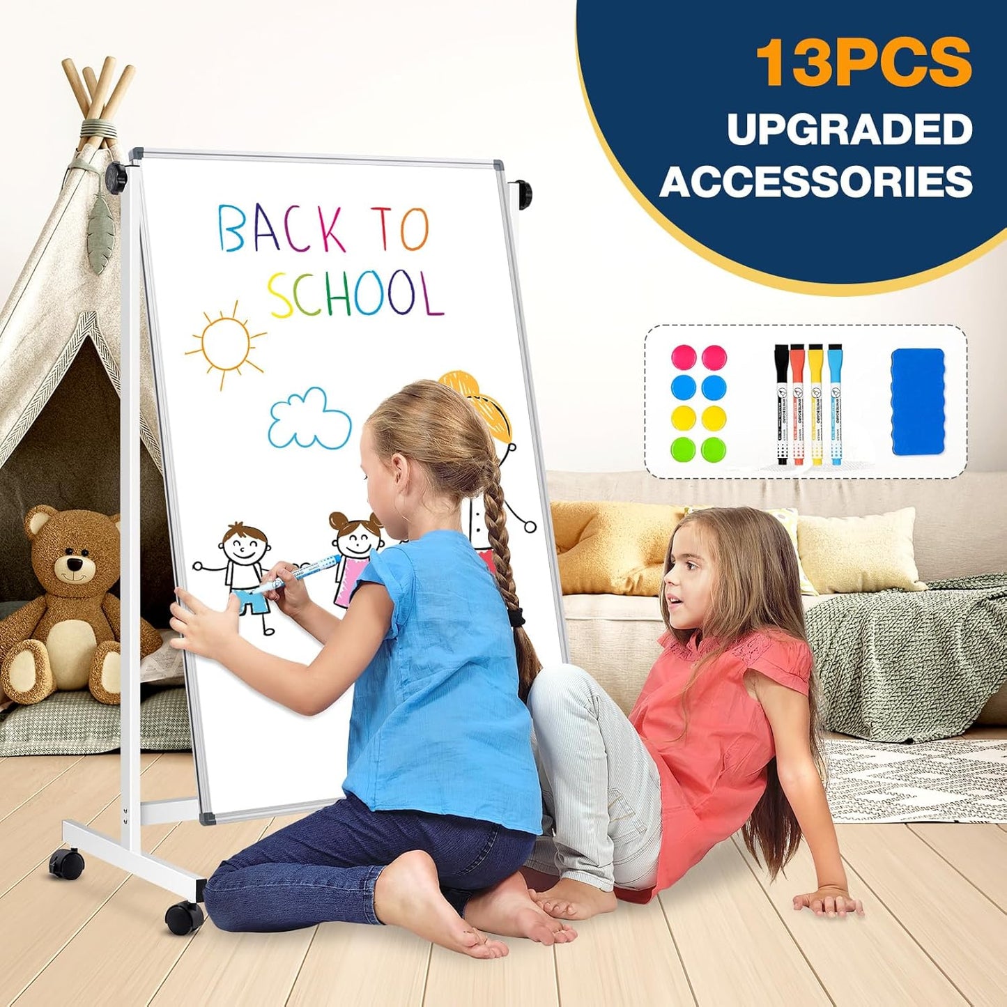 [21 Sq/ft] Large Double-Sided Rolling Whiteboard, 32"x48" Reversible Dry Erase Board with Stand, Magnetic White Board on Wheels, Standing Mobile Whiteboard, School Supplies, Classroom, Office, Home