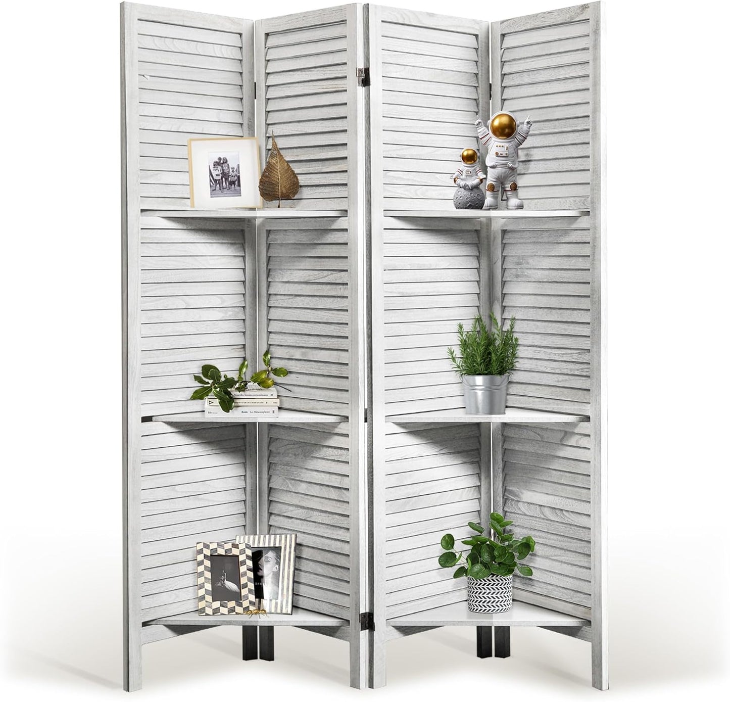Room Divider with Shelves, 5.6FT Folding Room Divider Panel, 4 Panel Wood Partition Wall Divider for Room Separation, White