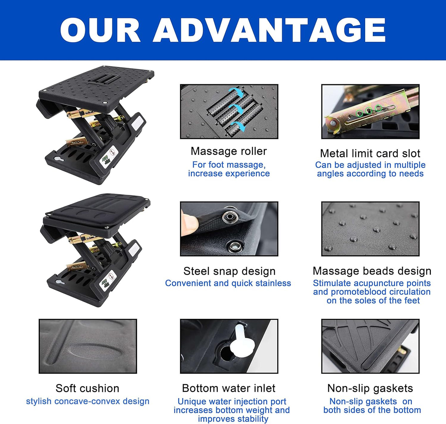 Adjustable Foot Rest and Footstool Under Desk, Ergonomic Leg Rest with Massage Roller, Height & Angle Adjustable, Detachable Cushion for Office and Home (Black)