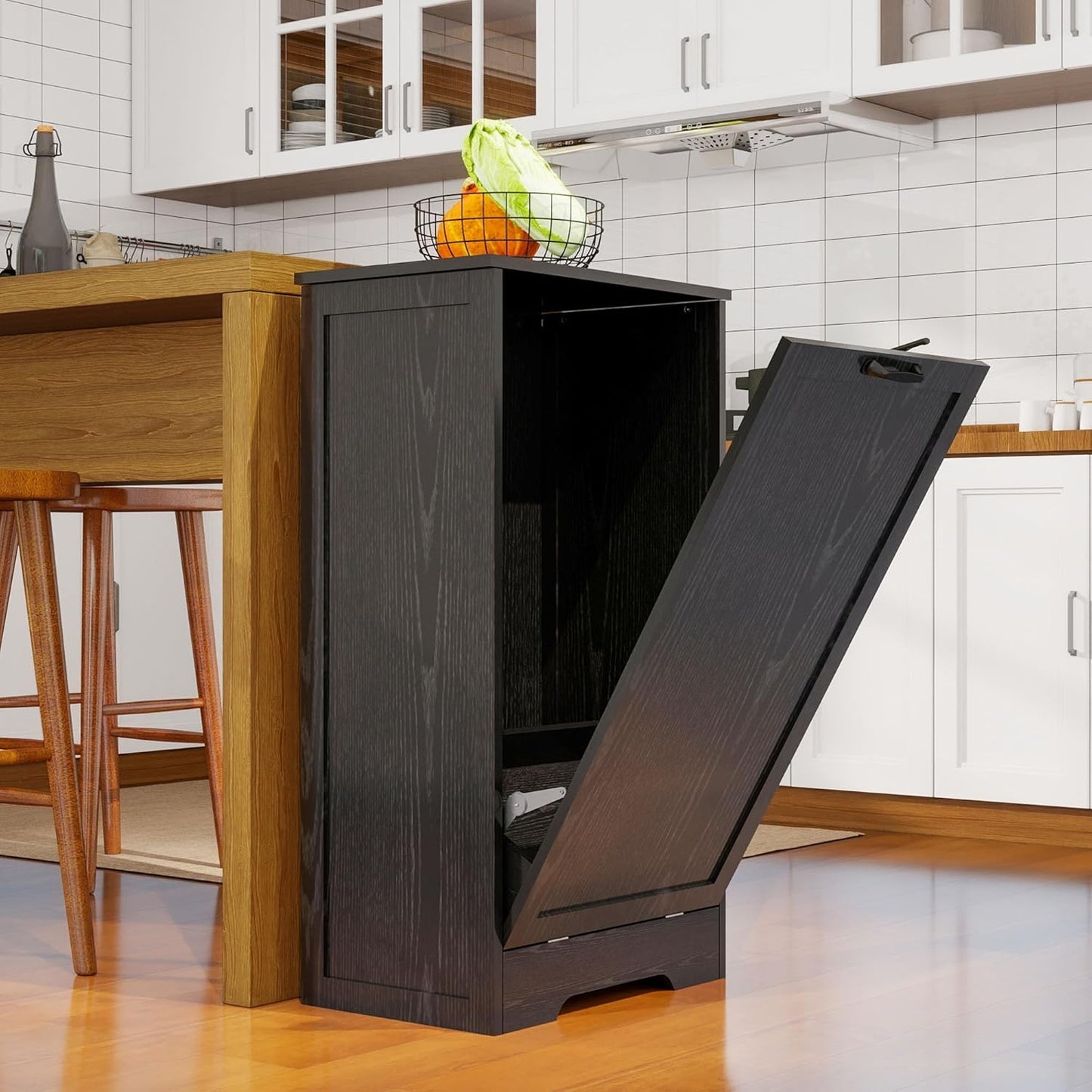 Tilt Out Kitchen Trash Can Cabinet, Pet Proof Wooden Kitchen Garbage Can with Lid, Hidden Laundry Basket Organizer, 10 Gallon Free Standing Bathroom Laundry Hamper Cabinet, Black
