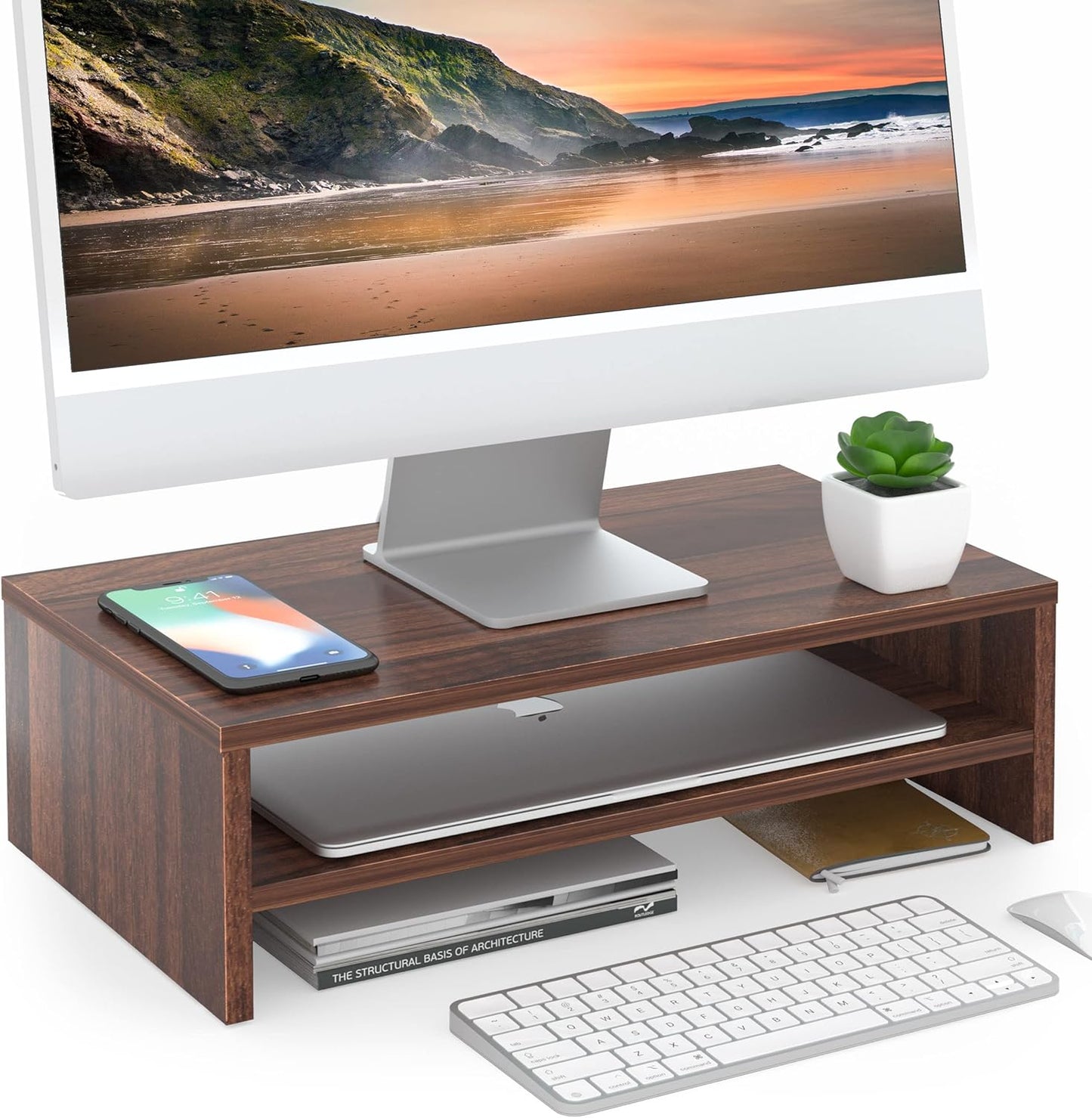 FITUEYES Monitor Stand - 2 Tier Computer Monitor Riser Shelf, Wood Desktop Stand for Laptop Computer Screen, Desk Organization, Office Supplies