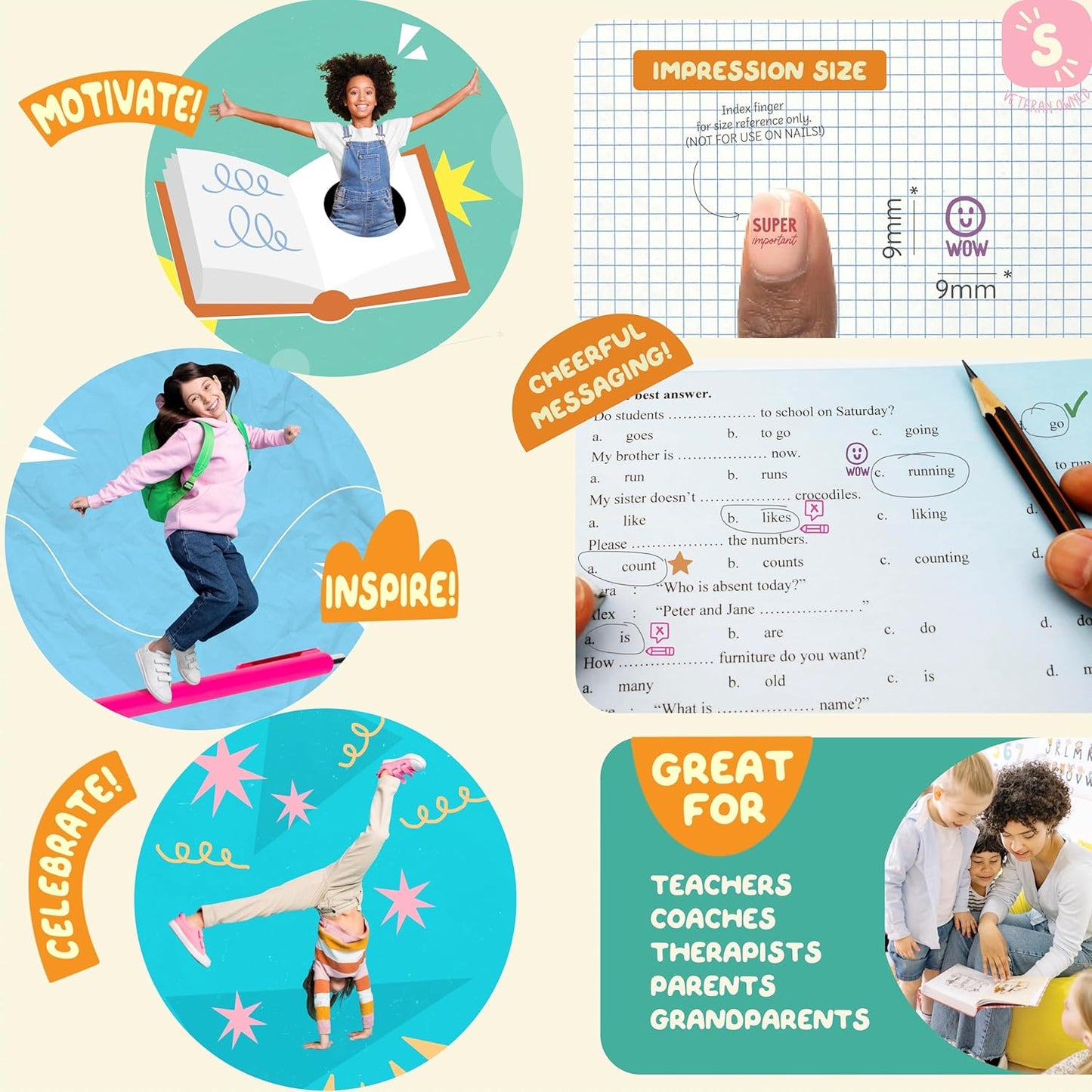 5 Self-Ink Flash Stamp Set, Multicolor Teacher Stamps for Classroom, Stamps for Teachers, Pre-Inked, Refillable Stamps (Margin Stamps)