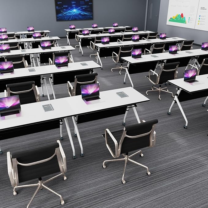Conference Table, Folding Conference Room Tables, Mobile Training Tables with Silent Wheels, Large Rectangular Modular Seminar Table Office Computer Desks for Classroom White (10Pack L70.9in)