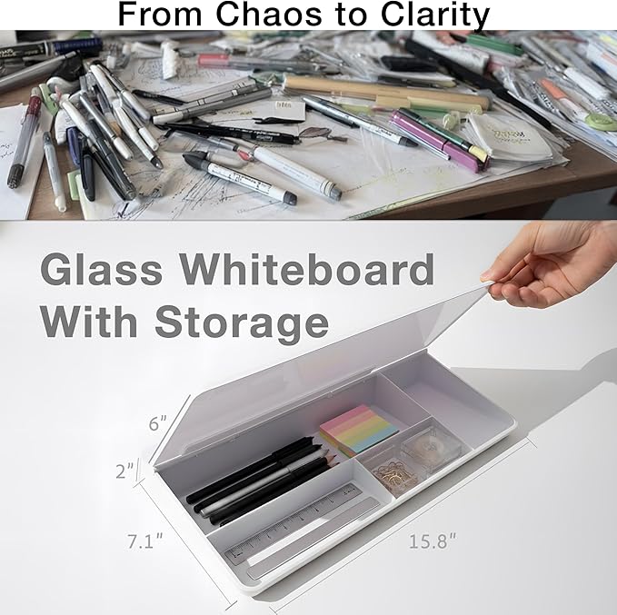 Small Desktop Whiteboard, Glass Dry Erase Board Computer Keyboard Stand Surface Pad with Drawer, Desk Organizer with Accessories for Office, Home, School, to-Do List Board