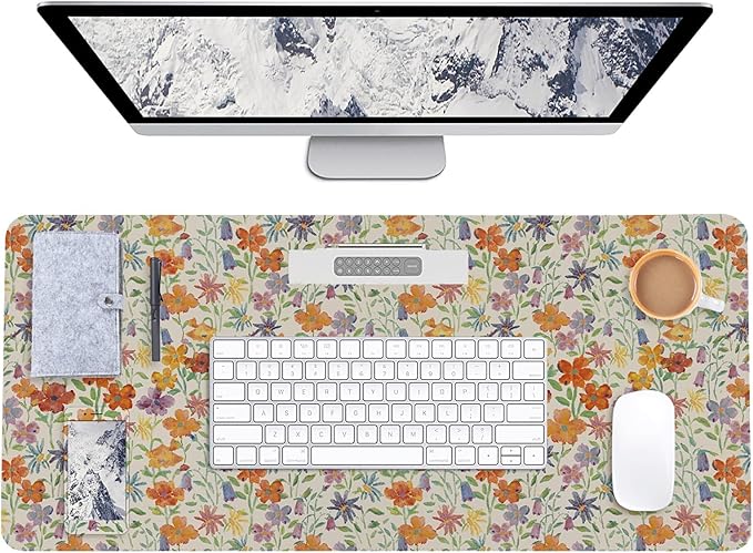Botanical Floral Desk Pad Blotter,Large Mouse Pad 35 x 17in,PU Leather Desk Mat Writing Pad Protector, Non-Slip Waterprrof,Desktop Decor for Home Office Women Girls (Little Forest)