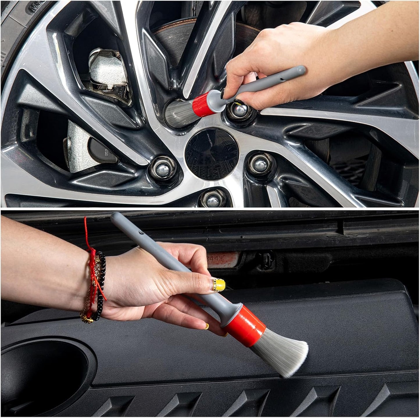 Detailing Brush Set - 5 Different Sizes Premium Natural Boar Hair Mixed Fiber Plastic Handle Automotive Detail Brushes for Cleaning Wheels, Engine, Interior, Air Vents, Car, Motorcy Grey