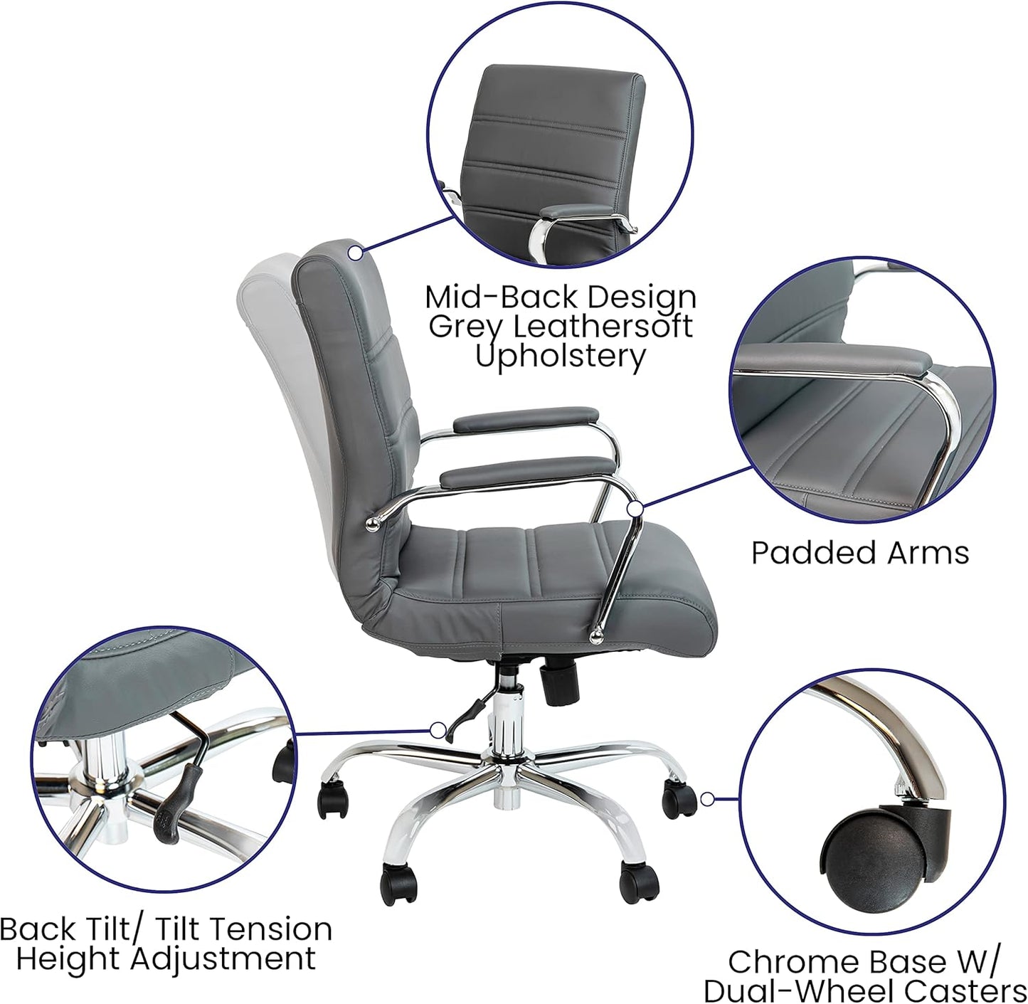 Flash Furniture Whitney Mid-Back Swivel LeatherSoft Desk Chair with Padded Seat and Armrests, Adjustable Height Padded Office Chair, Gray/Chrome
