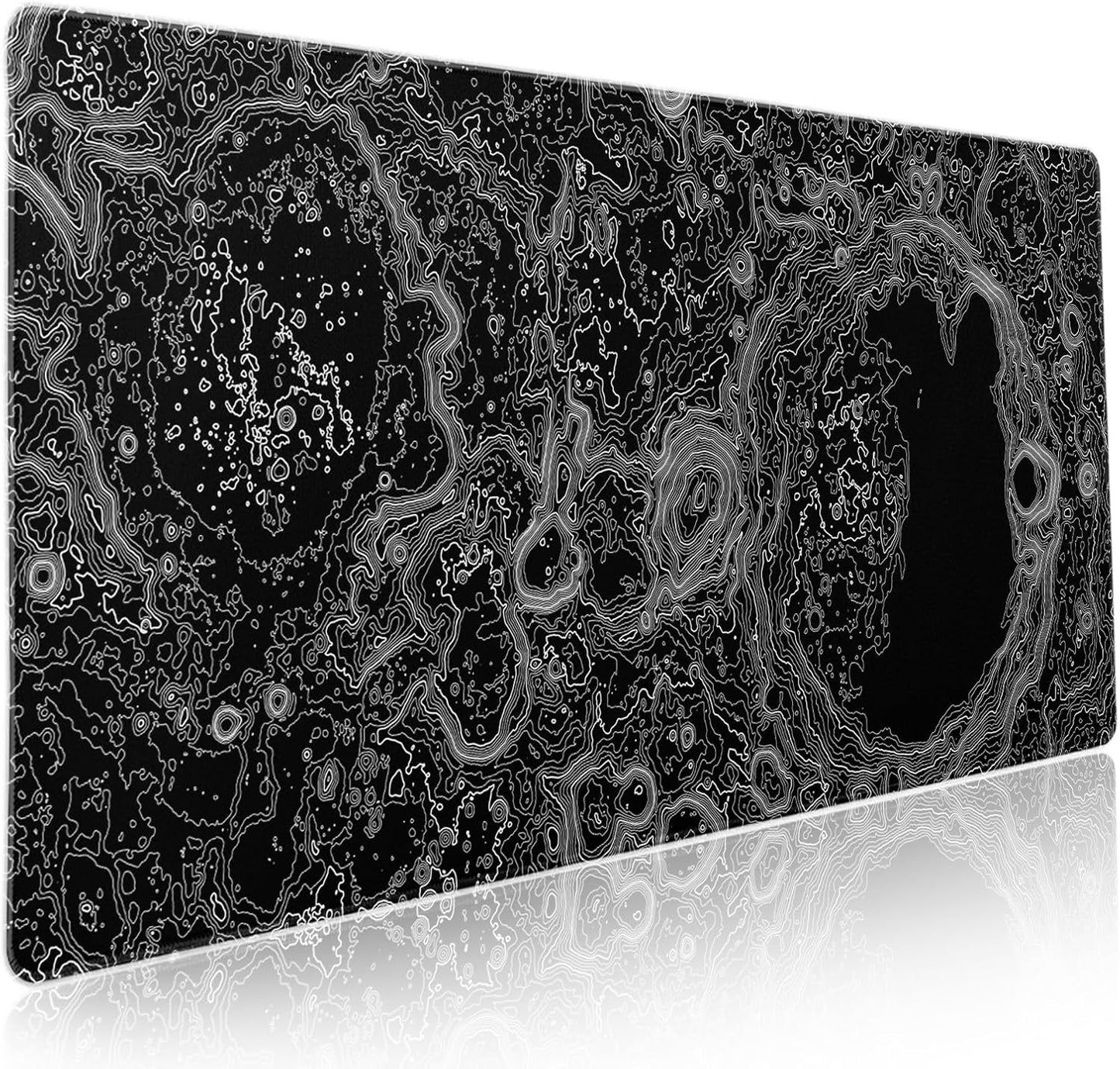 Black Whtie Topographic Gaming Mouse Pad XXL Topo Moon Relief Map Extended Large Mat Mousepad Desk Pad Non-Slip Rubber Base Stitched Edge Long Mousepad for Desktop Office Desk, 35.4 x 15.7 in