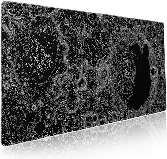 Black Whtie Topographic Gaming Mouse Pad XXL Topo Moon Relief Map Extended Large Mat Mousepad Desk Pad Non-Slip Rubber Base Stitched Edge Long Mousepad for Desktop Office Desk, 35.4 x 15.7 in