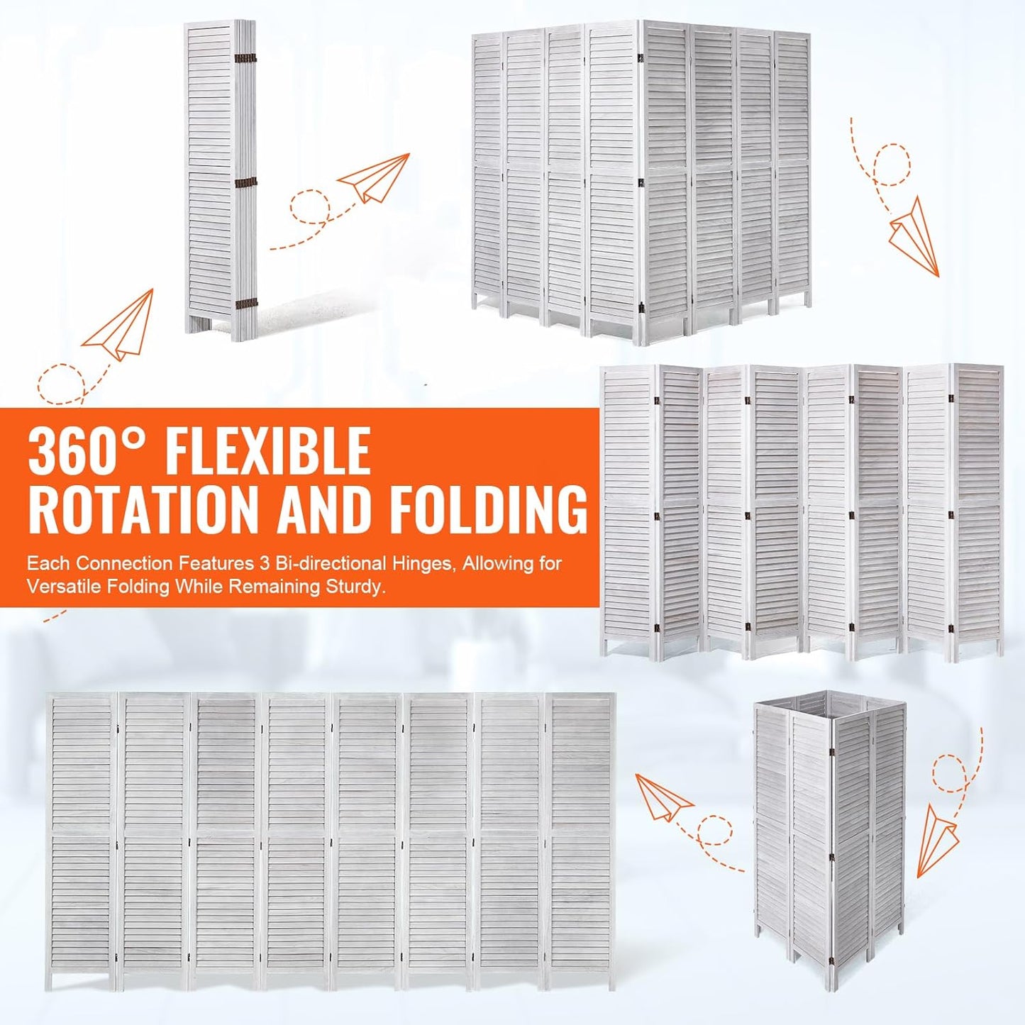 VEVOR Wood Room Divider, 8 Panel Wood Folding Privacy Screen, 66.9 Inches Tall Indoor Louvered Wooden Partition, Portable Decoration Screen, for Room Separation, Home, Office, Restaurant & Bedroom