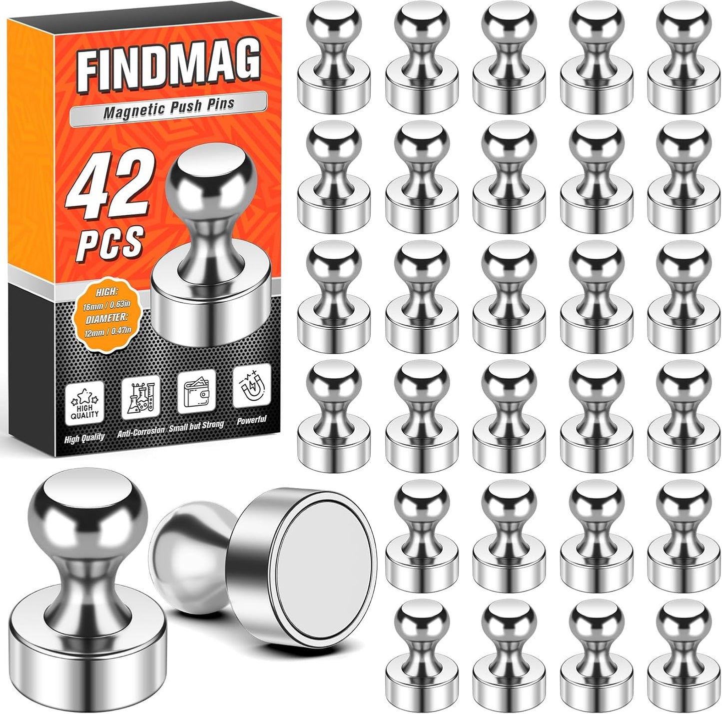 FINDMAG 42 PCS Fridge Magnets, Strong Neodymium Magnets for Whiteboard, Silver Push Pins for Home, Map, Office, Kitchen Accessories