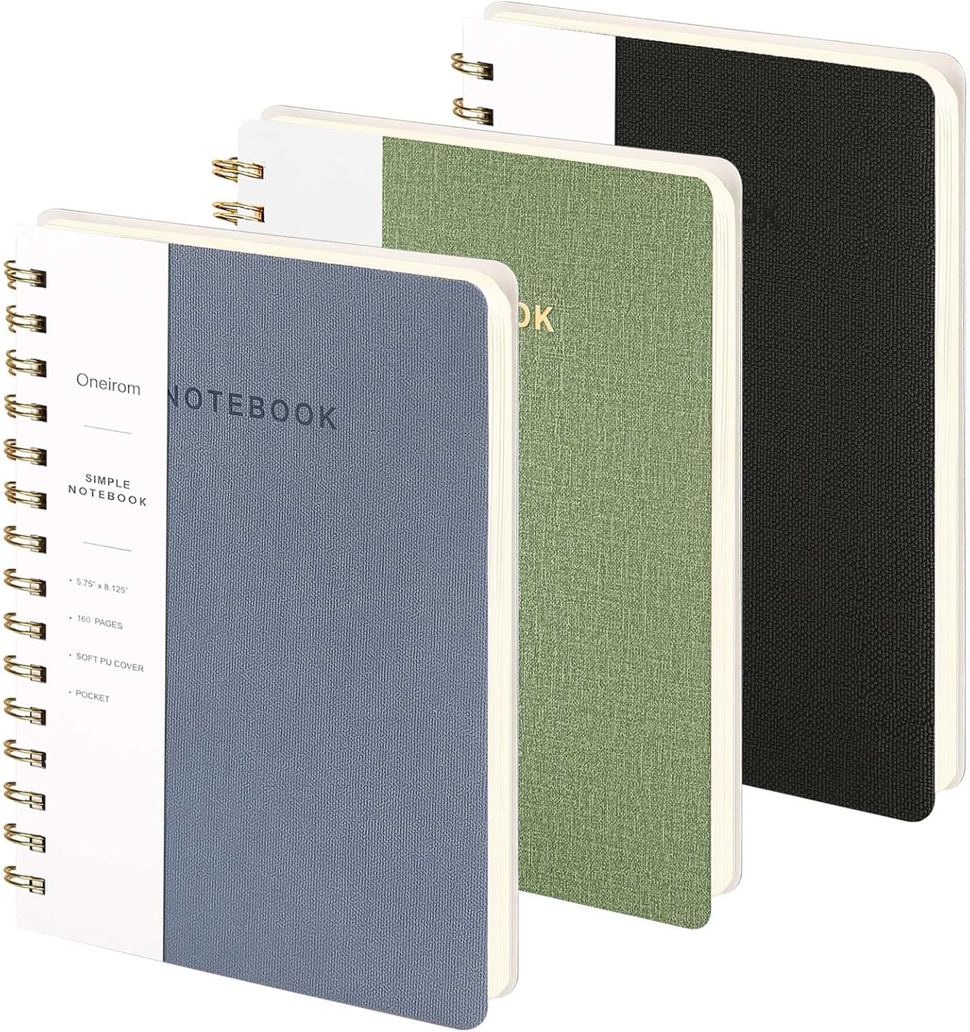 Lined Spiral Notebook College Ruled A5 Journal Book for Note Taking, 160 Pages Writing Journal for Office and Home School Supplies 5.75x8.125 inch (3pack-Army Green/Reef Blue/Black)