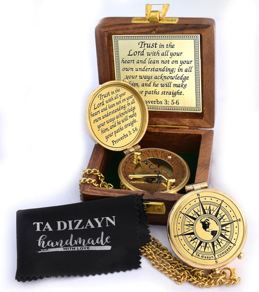 Trust in The Lord With All Your Heart - Proverbs 3:5-6 Quote Engraved Compass With Wooden Box, Greeting Card, Gift Compass, Graduation Day Gifts 2024 for Women Men Boys Girls