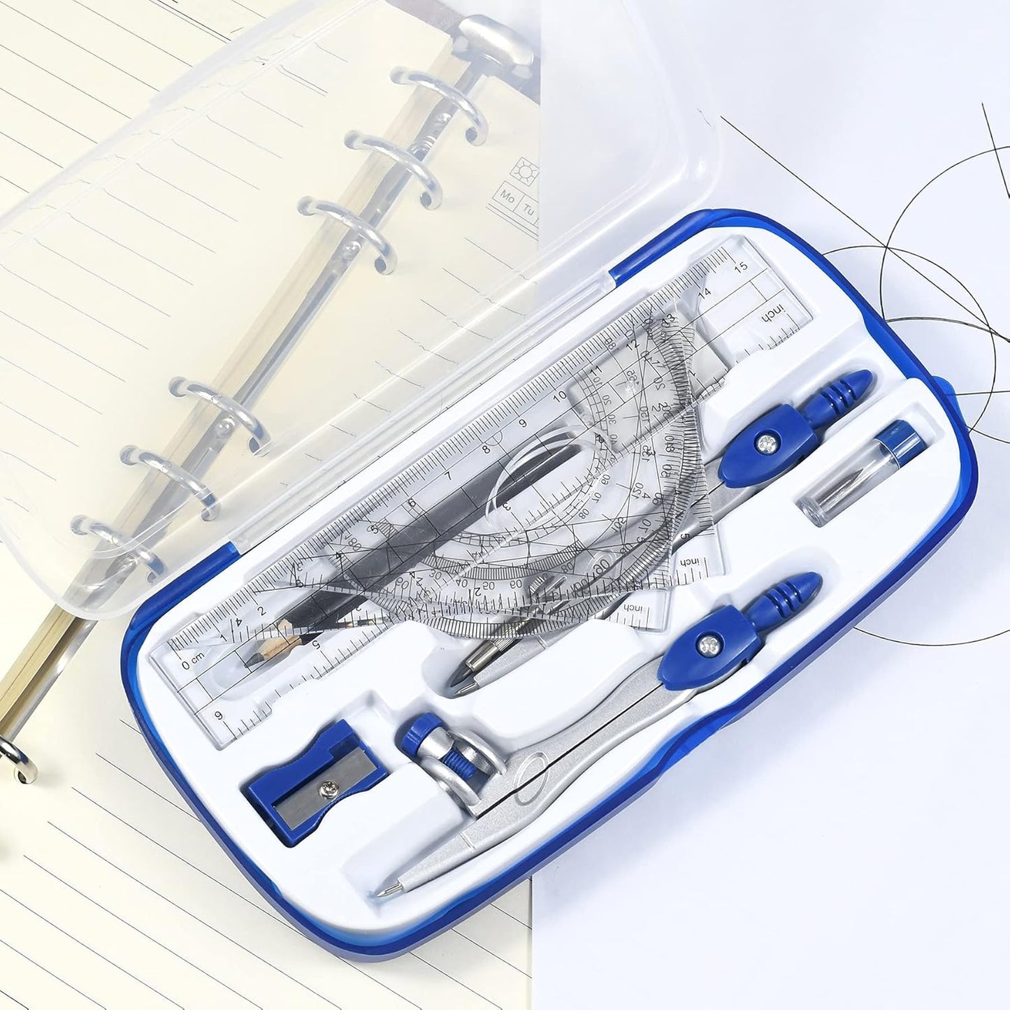 Math Geometry Kit Sets 10 Piece Student Supplies with Shatterproof Storage Box,Includes Rulers,Protractor,Compass,Eraser,Pencil Sharpener,Lead Refills,Pencil,for Drafting and Drawings（Navy blue）