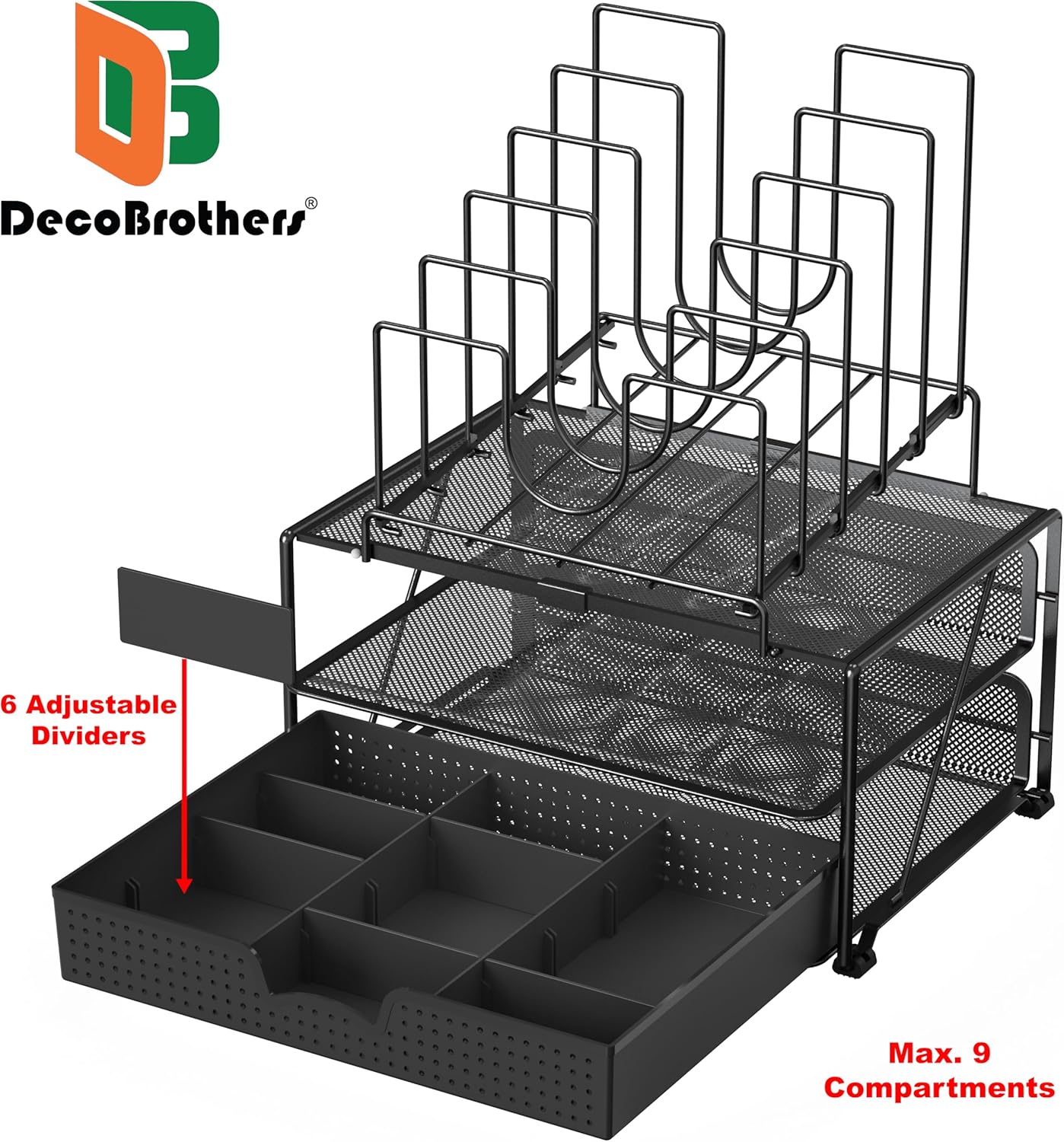 Deco Brothers Desktop File Organizer with Double Tray and 5 Folder Stand, Black