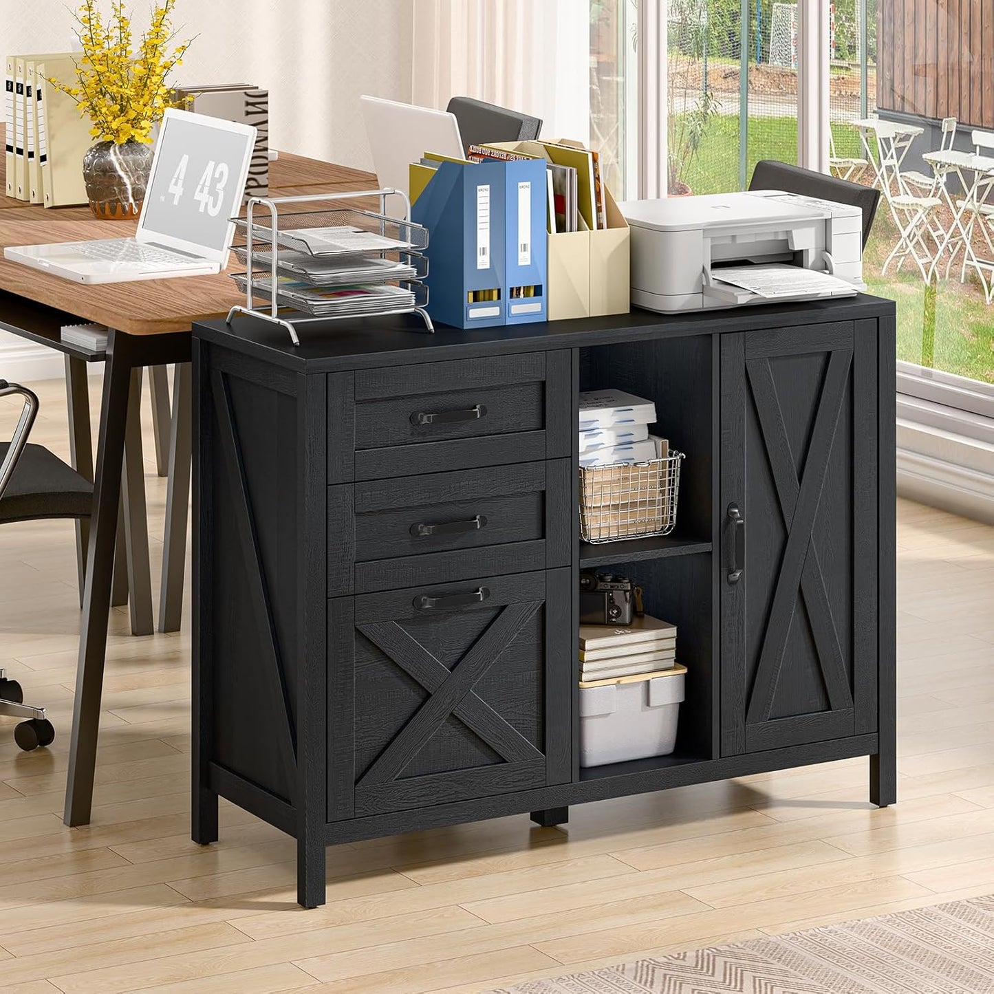 Lateral File Cabinet with 3 Drawers and Door, Farmhouse File Cabinet with Adjustable Shelf for Letter/A4 Size Hanging Files, Printer Stand with Storage Cabinet for Home Office Furniture, Black