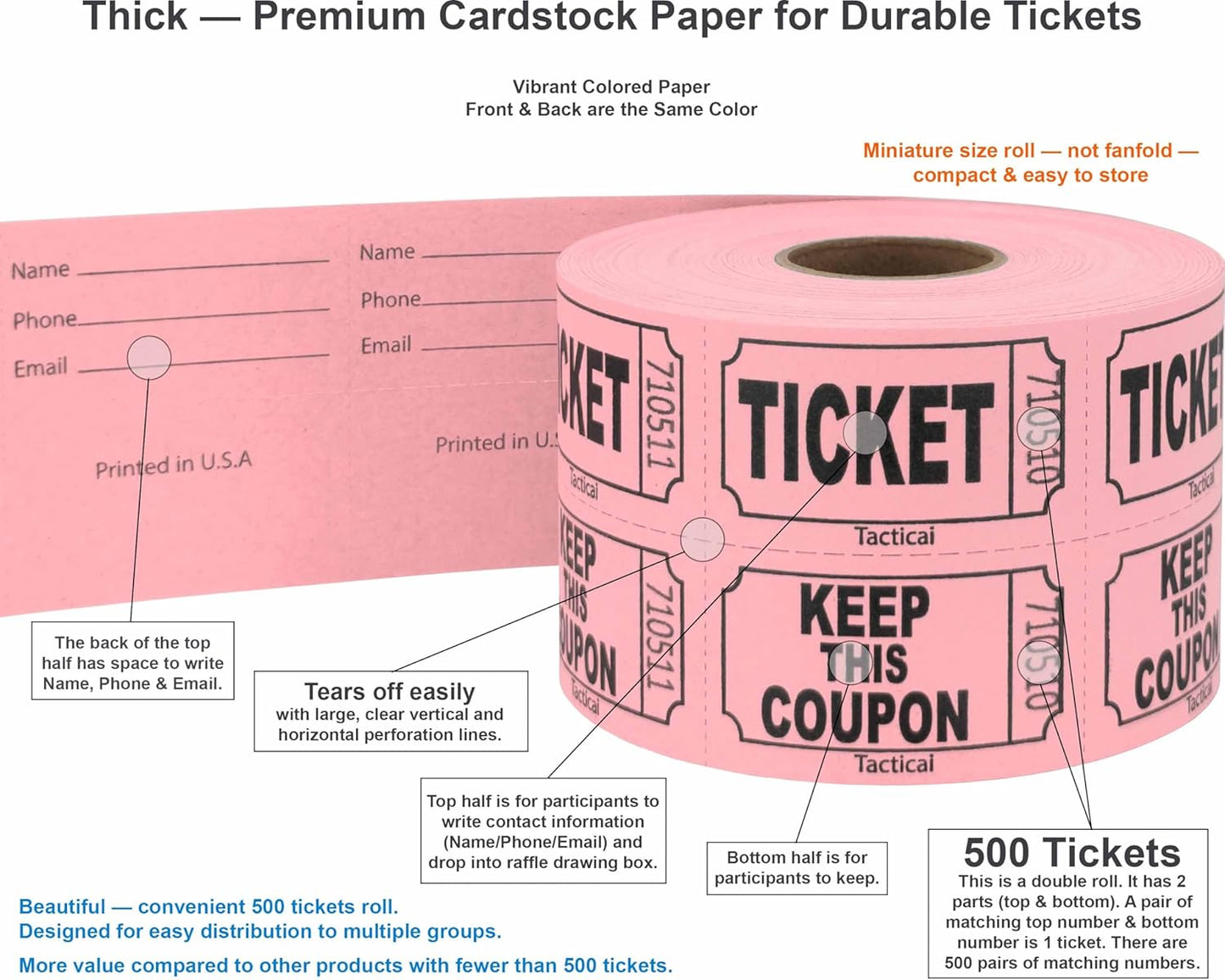 Tacticai 500 Raffle Tickets, Pink (1 of 8 Colors), Double Roll, Ticket for Events, Entry, Class Reward, Fundraiser & Prizes