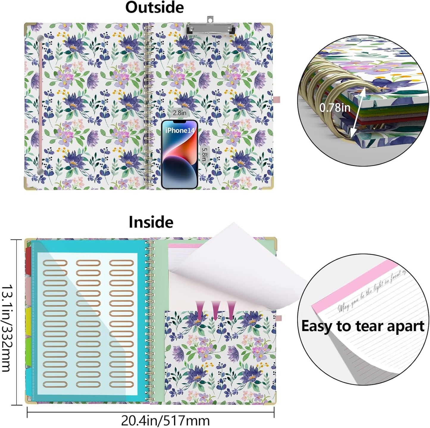 Foldable Clipboard Folio with Storage, 5 Plastic Folders with 10 Pockets,Refillable Lined Notepad (11" x 8.5"), Hardcover Project Organizer Nursing Teacher School Essentials(Purple Florals)