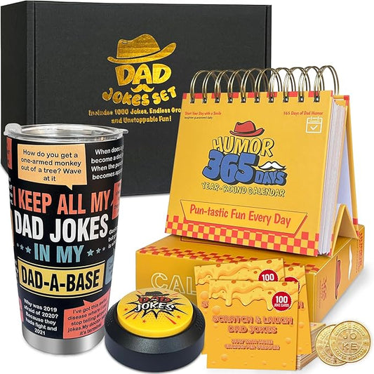 Gifts for Dad – 1,000 Dad Jokes: Jokes Button (500), 365-Day Calendar, 100 Scratch Dad Jokes Cards & 20oz Tumbler – Funny Gift for Dad, Husband, Or Friends
