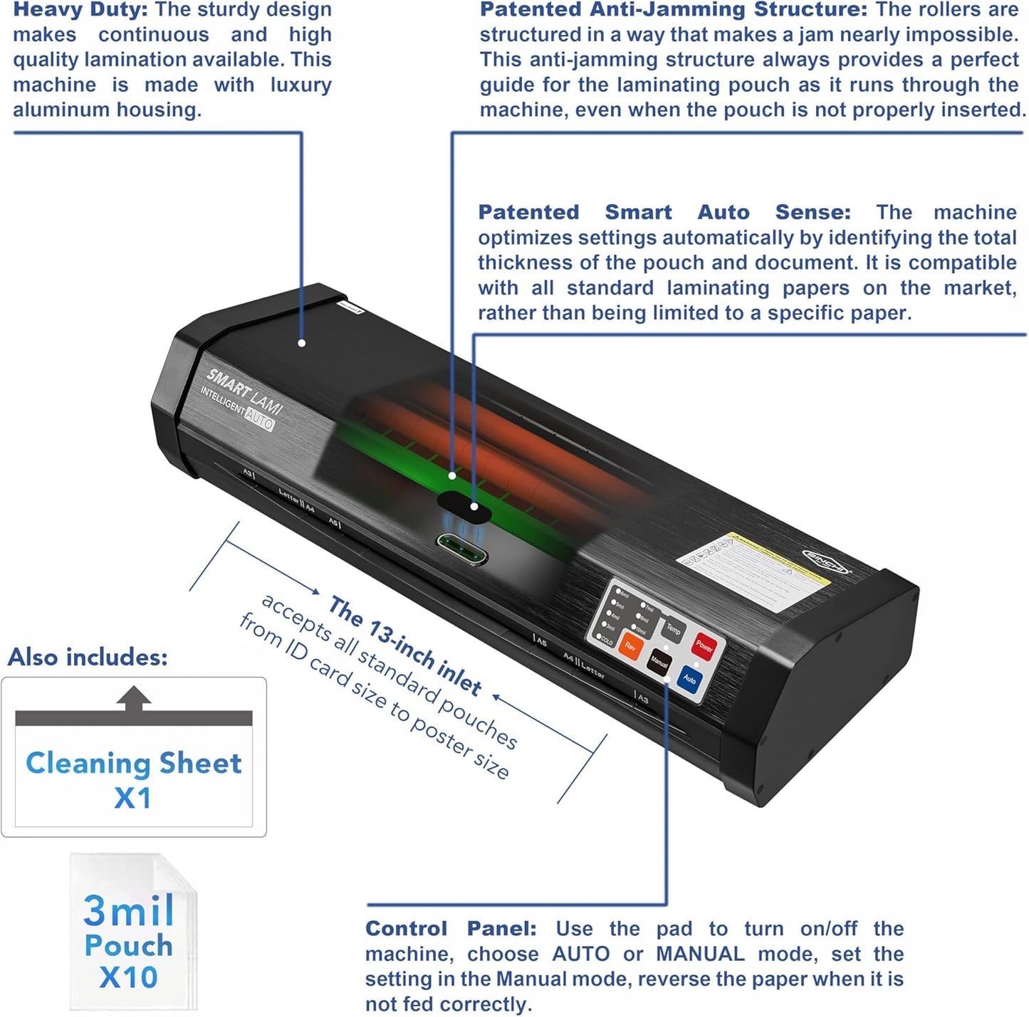 SINCHI Auto Sense, 3-10 mil Laminating Machine for Office and School, 50-Second Warm-up, 40 Inches/Minute, Never-Jam, Heavy Duty, 13-inch Thermal Laminator Machine 11x17