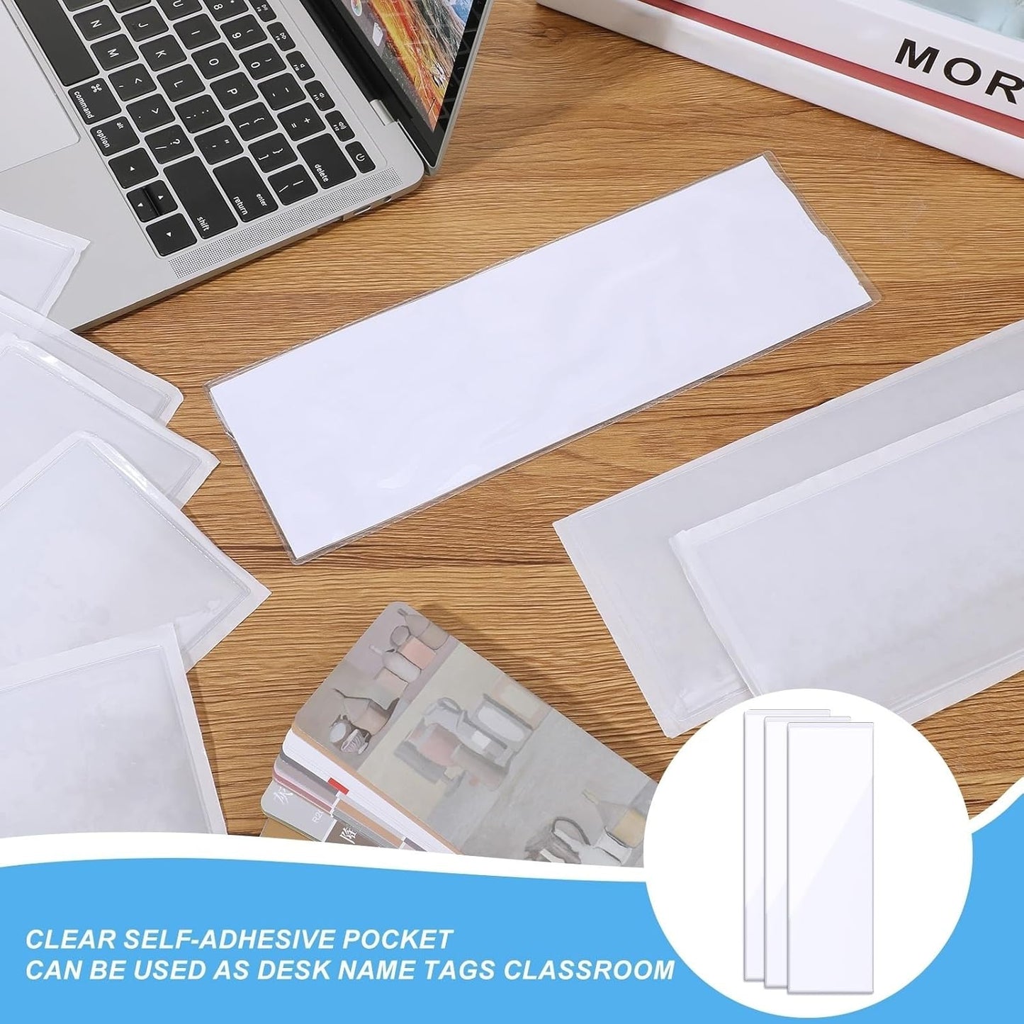 Outus 100 Pcs Clear Self Adhesive Pockets - Bin Labels for Storage Bins, Pocket Label Sleeves, Plastic Index Card Holder with Top Open for Organizing Bins Box Drawer(13.5 x 4.73 Inch)