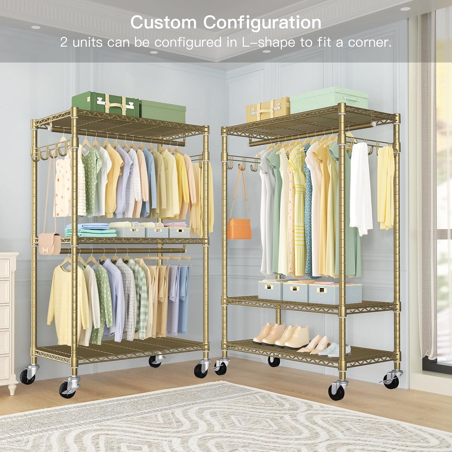 P1 Rolling Clothes Rack, Movable Metal Garment Closet Organizer with Lockable Wheels, Clothing Wardrobe with Double Hanger Rods and Hooks, 35.4" W x 15.7" D x 80.5" H, Load 450lbs, Gold