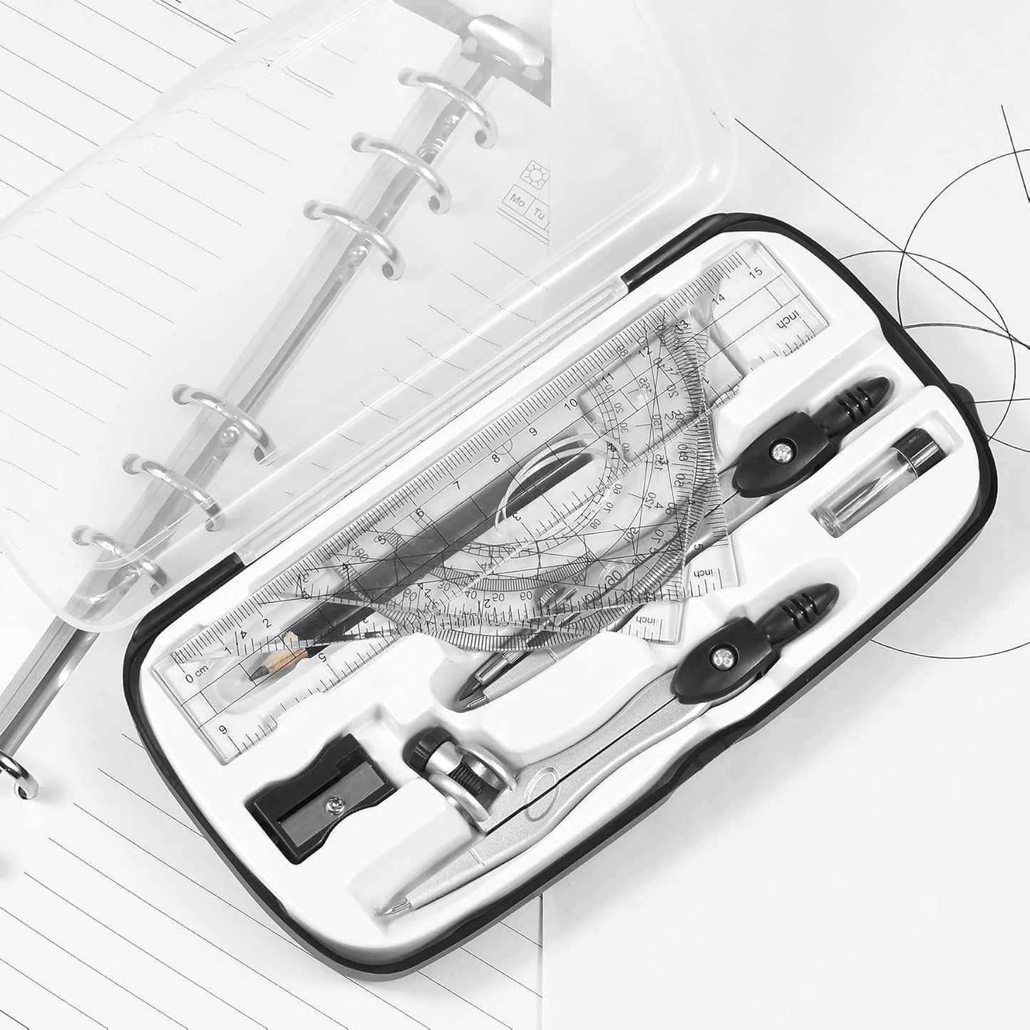 Math Geometry Kit Sets 10 Piece Student Supplies with Shatterproof Storage Box,Includes Rulers,Protractor,Compass,Eraser,Pencil Sharpener,Lead Refills,Pencil,for Drafting（Black）