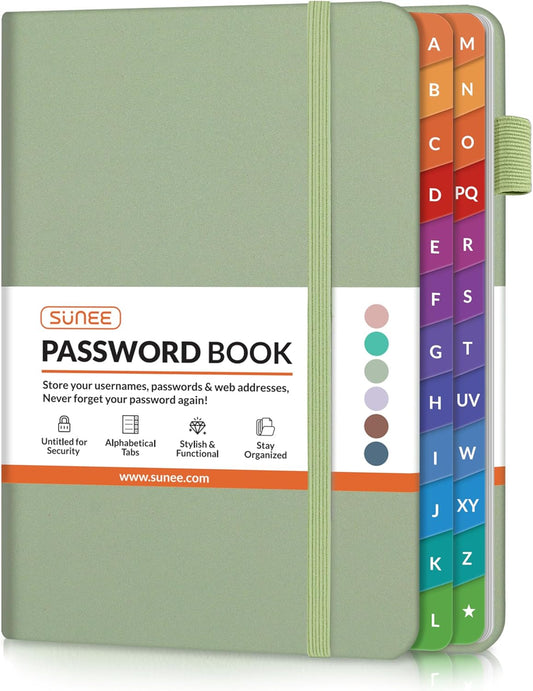 SUNEE Password Keeper Book with Colorful Alphabetical Tabs, Small Pocket Password Book for Internet Website Address Login, Gifts for Home and Office, 4''x 6''- Sage Green