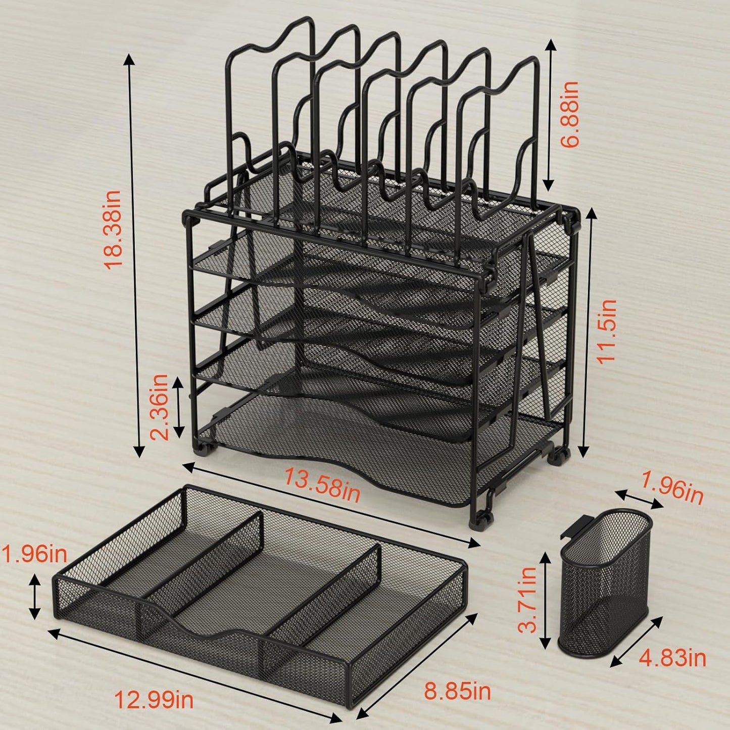 Mesh Desk Organizer, 3-IN-1 Desktop Organizer with 4 Tier Tray and 5 Upright Sections, File Organizer for Desk with Sliding Drawer, Black