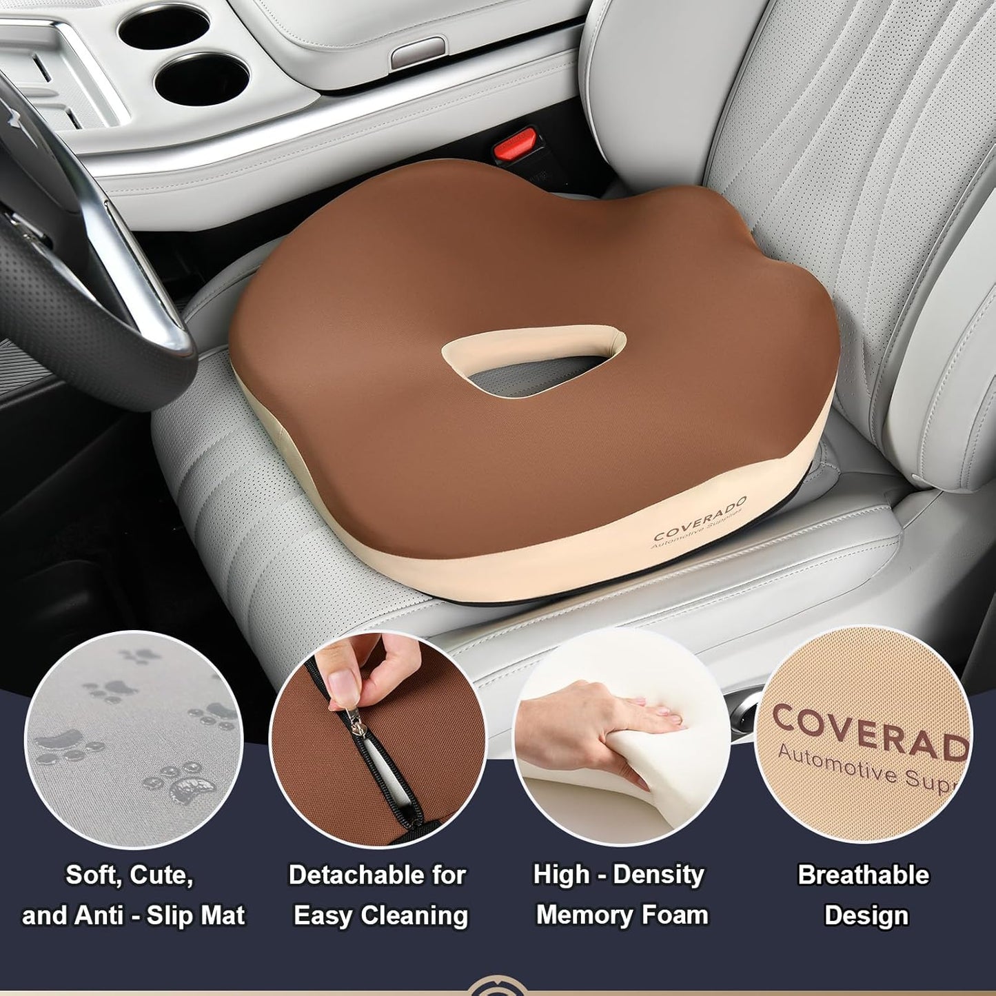 Coverado Car Seat Cushion, Memory Foam Office Chair Cushion for Car, Everlasting Comfort Sciatica & Hip & Tailbone Pain Relief Cushion for Long Sitting Driver Office Worker-Beige